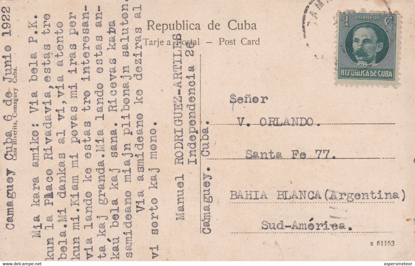 ECRIT EN ESPERANTO. TEATRO PRINCIPAL, CAMAGUEY. CUBA. CARTE POSTALE, CIRCULEE 1922 -LILHU - Esperanto