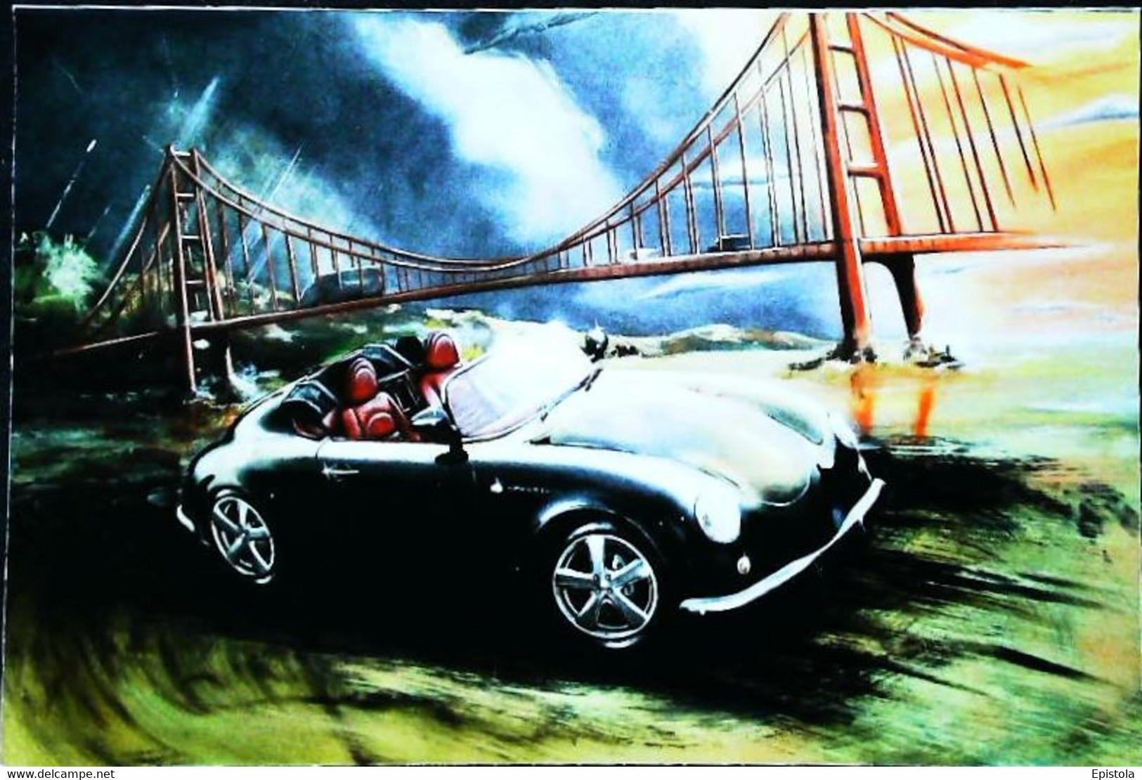 ► PORSCHE  356 San Fransisco - Roadside Golden Gate Bridge - Litho. Aude B. Creation - Rutas Americanas