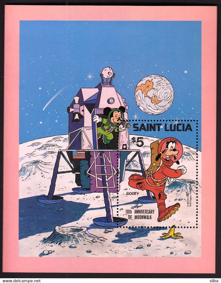 Saint St. Lucia 1980 / Goofy, Walt Disney / 10th Anniversary Of Moonwalk / Space, Earth, Moon / Mi Bl 21 MNH - USA