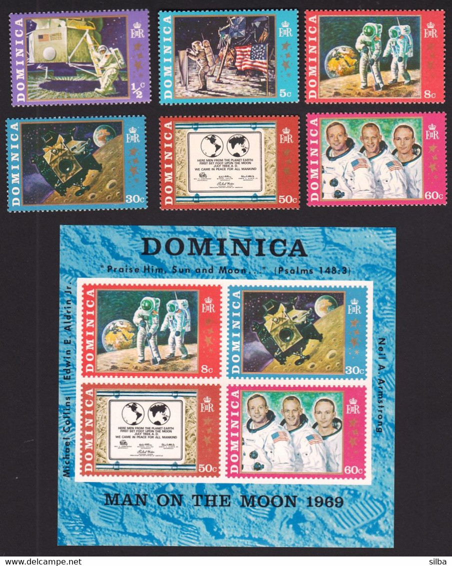 Dominica 1970 / Moon Landing 1969 / First Man On The Moon / Mi 290-295 + Bl 2 MNH - Stati Uniti