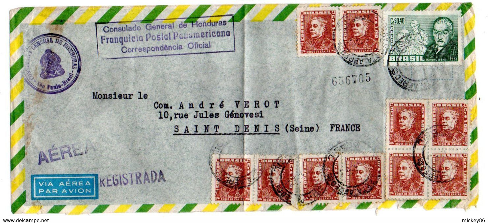 Brésil--1956--Lettre Recommandée De SAO PAULO  Pour St DENIS (France).timbres...cachets..Consulat Honduras.à Saisir - Brieven En Documenten