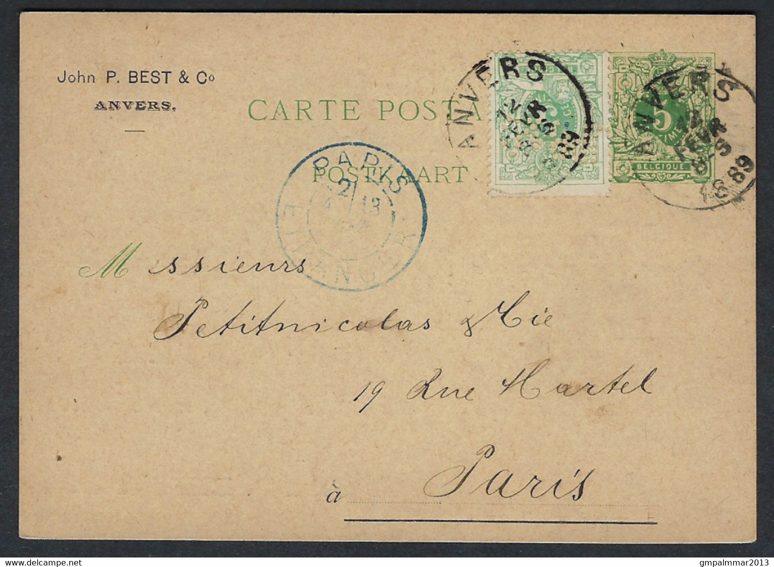 45 Op Postkaart Met Firma-perforatie (Perfin) " JPB&C" Van John P. BEST & Co Te Antwerpen; Zie 3 Scans  ! LOT 360 - 1863-09