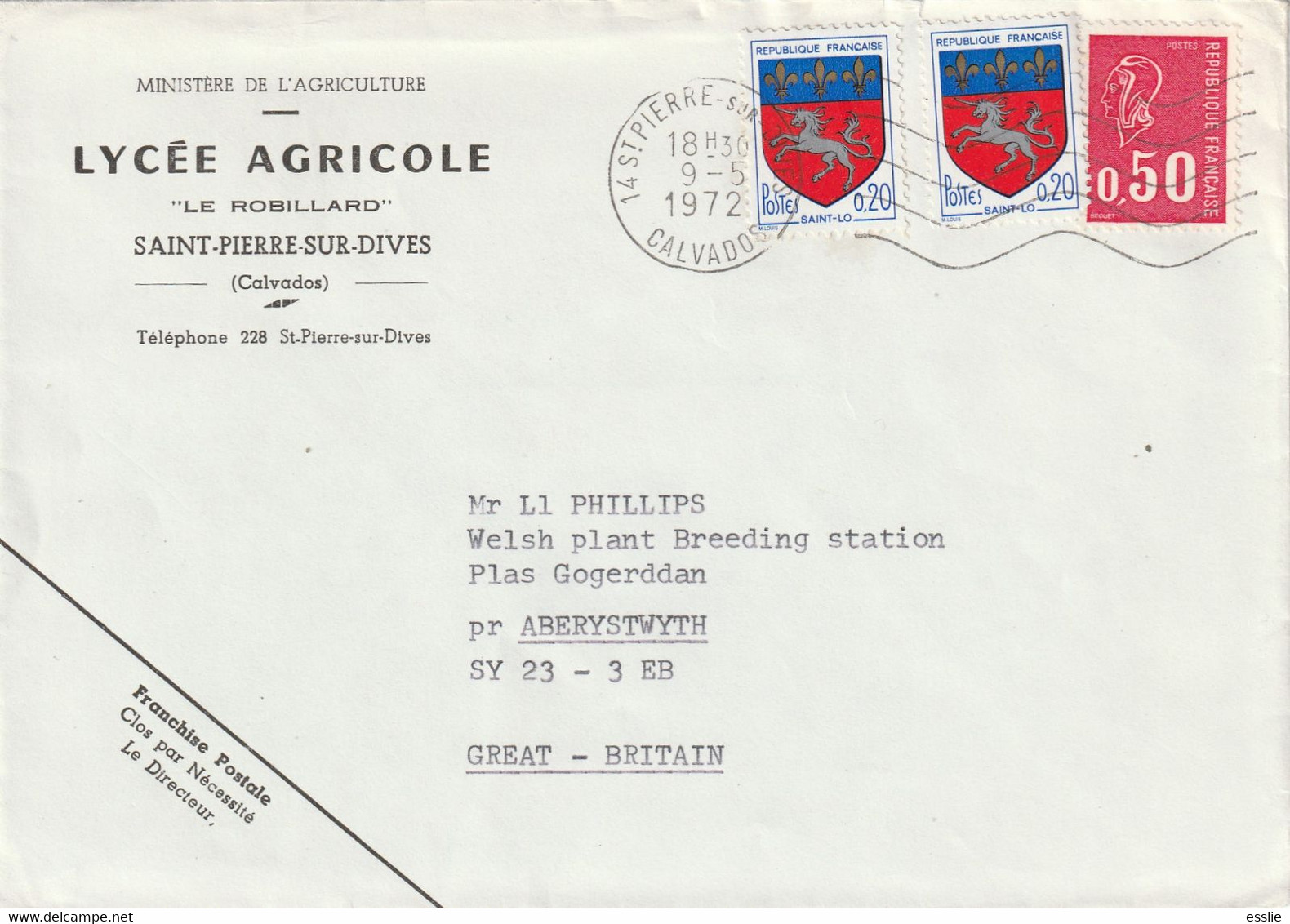 France Cover Great Britain - 1972 (1971 To 1974) - Marianne Coat Of Arms Saint-Lo Ministry Of Agriculture - Other & Unclassified