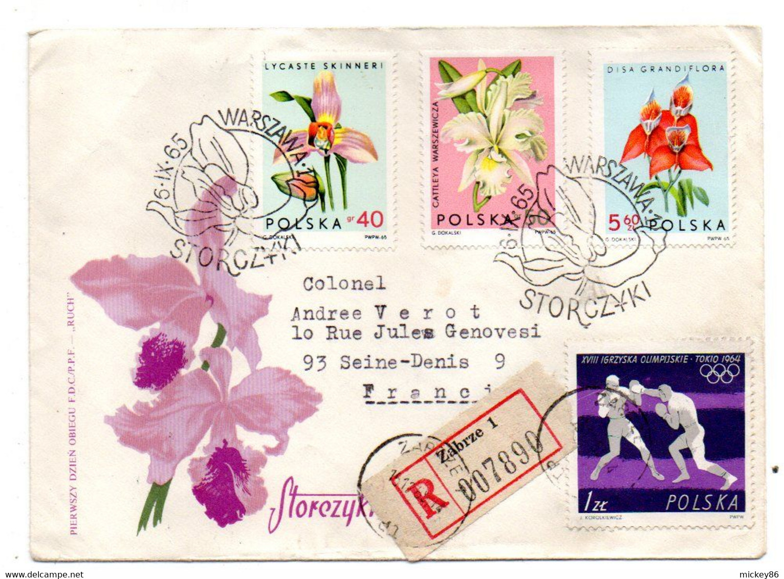 POLOGNE-1965-Lettre Recommandée De ZABRZE Pour St Denis (France).timbre "fleurs..(orchidées)+boxe JO Tokyo)...cachets .. - Lettres & Documents