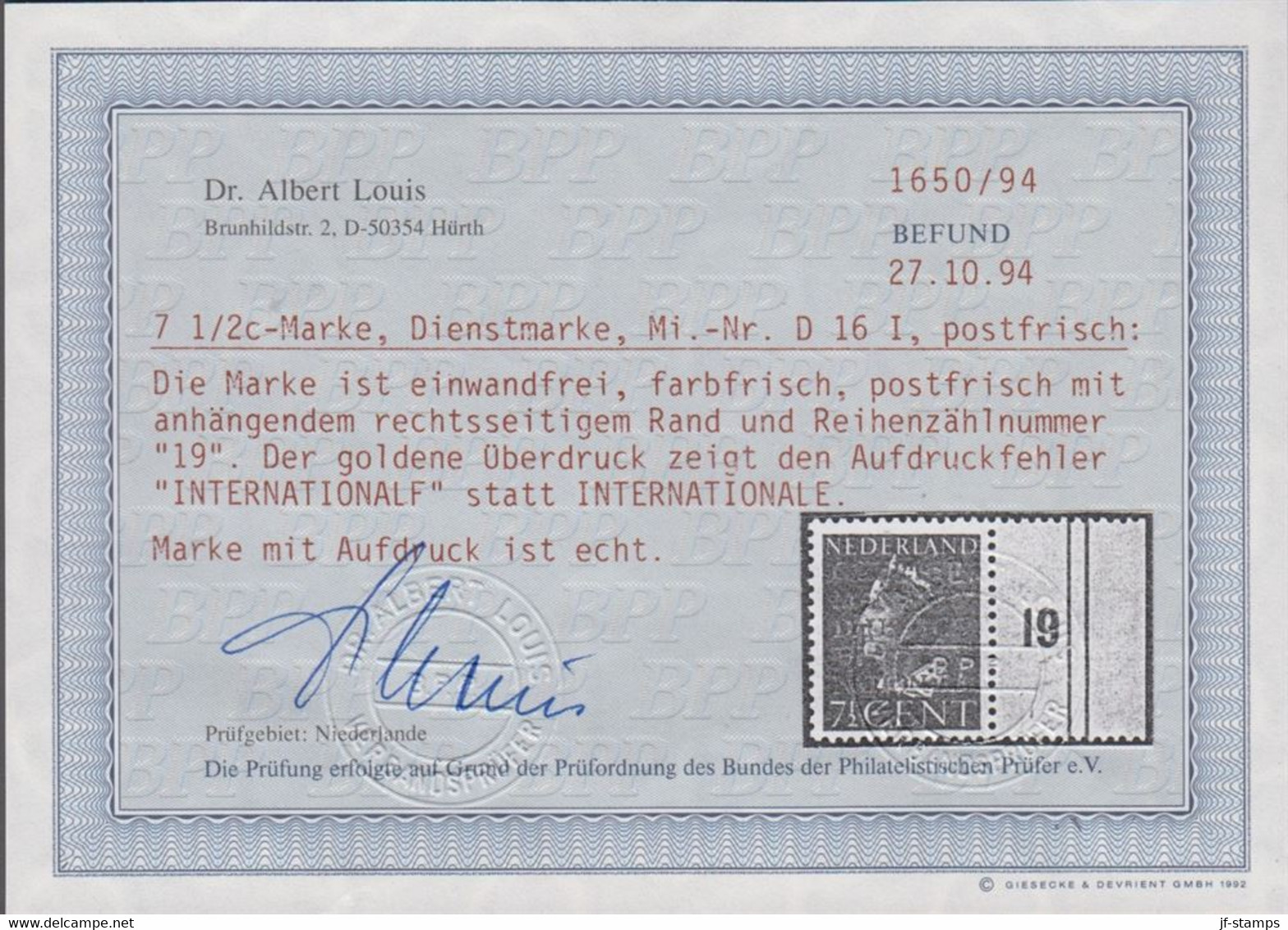 1940. NEDERLAND. Margin Stamp With Mark 19 Of The Rare 7½ CENT Overprinted  COUR PERM... (Michel Di. 16) - JF413523 - Dienstmarken