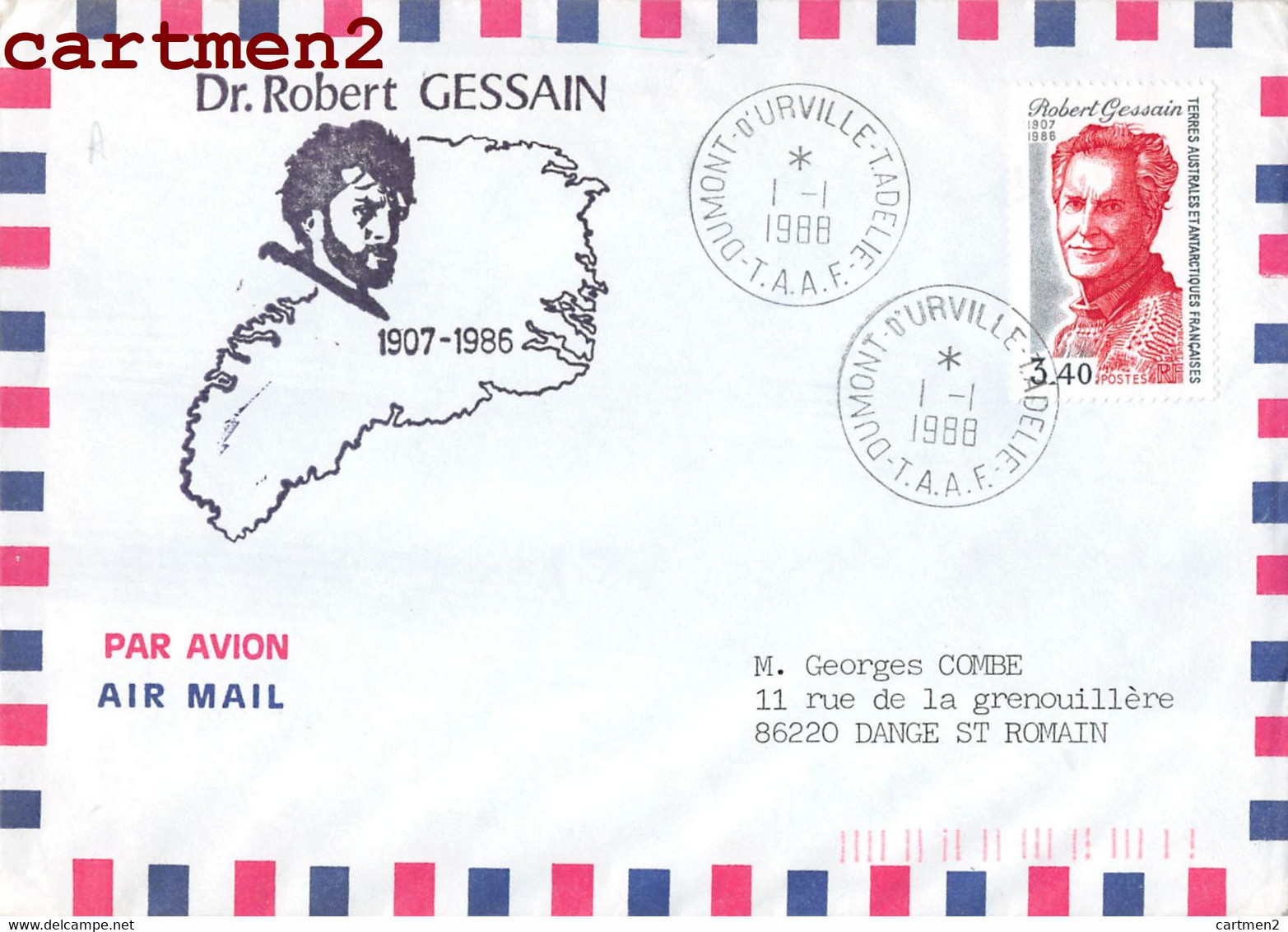 LETTRE DOCTEUR ROBERT GESSAIN DUMONT-D'URVILLE 1988 T.A.A.F. EXPEDITION POLAIRE LETTRE GEORGE COMBE - Used Stamps