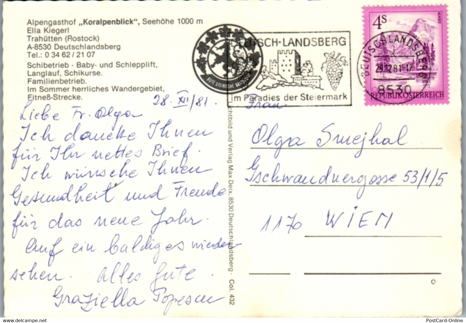 4870  - Steiermark , Deutschlangsberg , Trahütten , Rostock , Alpengasthof Koralpenblick , Ella Kiegerl - Gelaufen 1981 - Deutschlandsberg