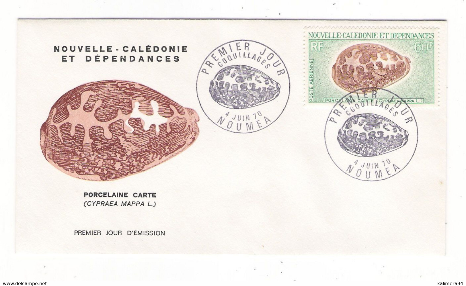 NOUVELLE-CALEDONIE ET DEPENDANCES / TIMBRE PORCELAINE CARTE ( Coquillage CYPRAEA MAPPA ) + Cachet 1er Jour NOUMEA 1970 - Storia Postale