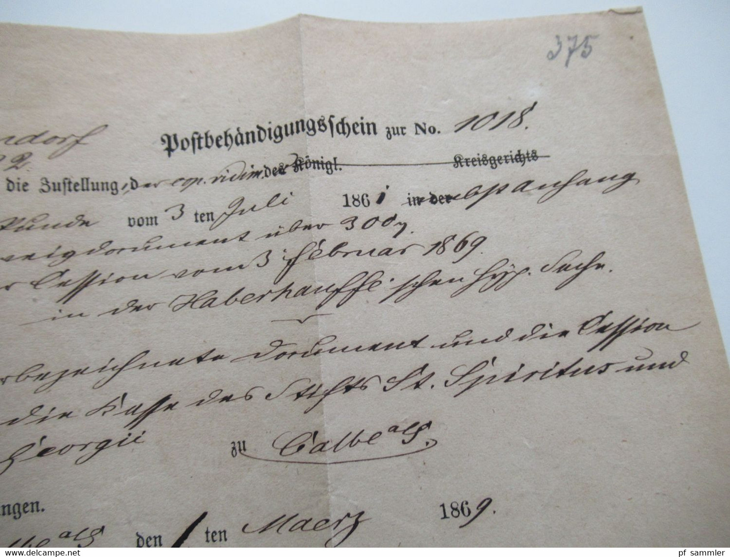 AD Sachsen 2.3.1869 K2 Calbe A.S. Post Behändigungsschein / Kreisgericht Stassfurt Portofreie Justiz Sache - Saxe