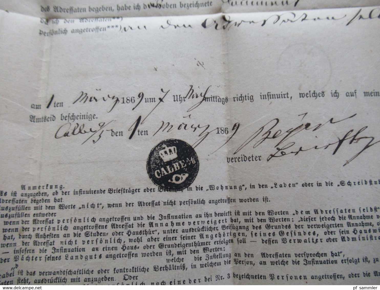 AD Sachsen 2.3.1869 K2 Calbe A.S. Post Behändigungsschein / Kreisgericht Stassfurt Portofreie Justiz Sache - Saxony