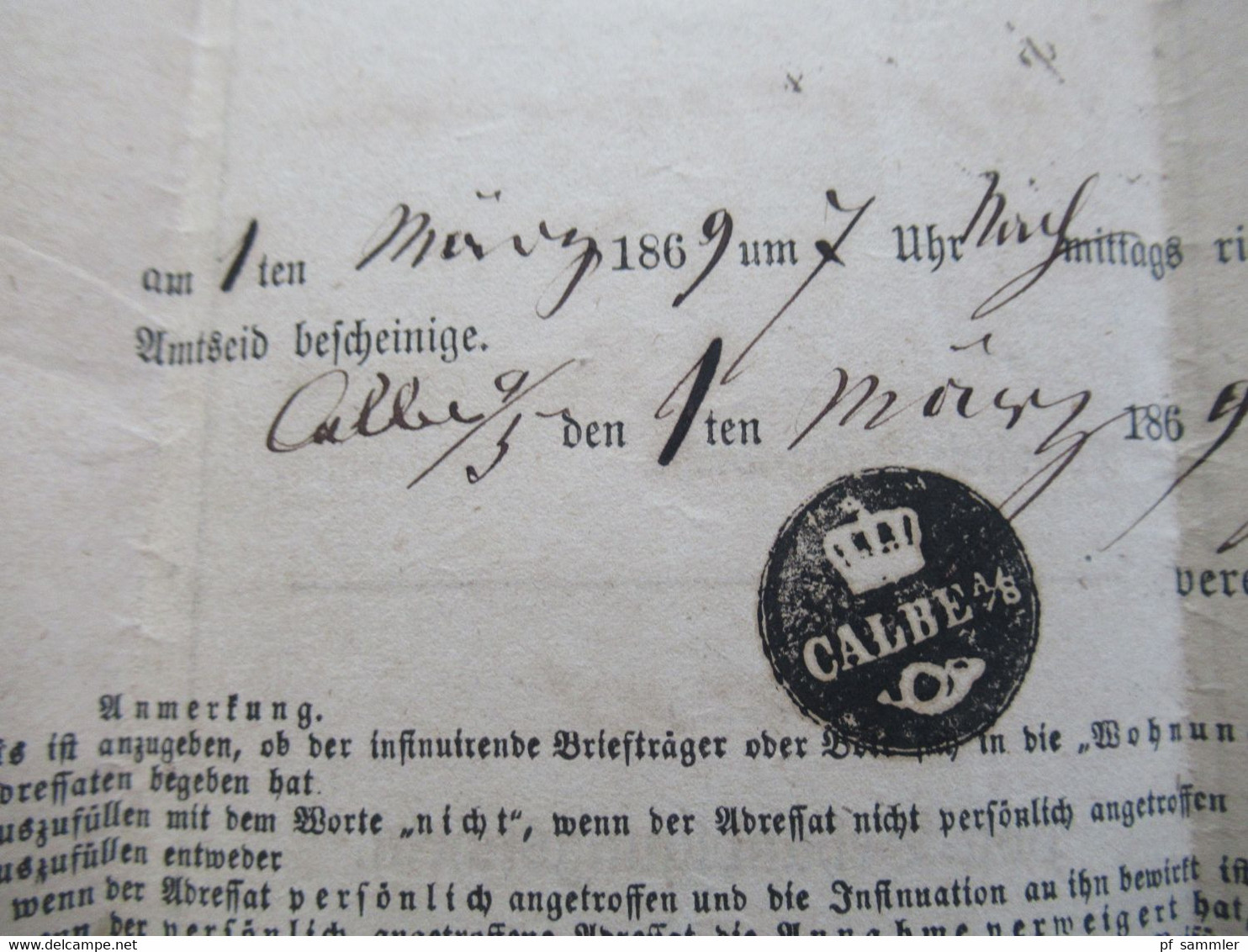 AD Sachsen 2.3.1869 K2 Calbe A.S. Post Behändigungsschein / Kreisgericht Stassfurt Portofreie Justiz Sache - Sachsen