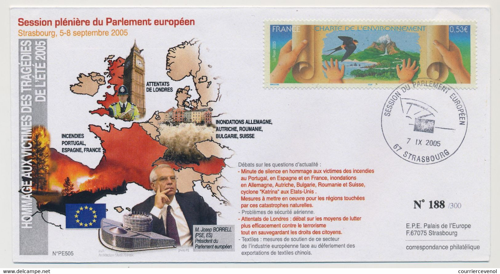 FRANCE => Env. 0,53 Environnement - Session Parlement Eur. Strasbourg - 7/9/2005 - Hommage Victimes été 2005 - Storia Postale