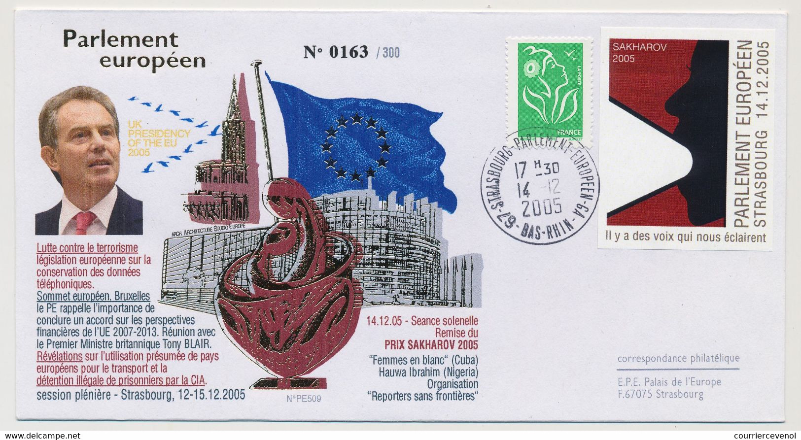 FRANCE => Env. Ecopli Ciappa + Vignette SAKHAROV 2005 - Strasbourg Parlement Eur GA - 14/12/2005 - Tony BLAIR - Storia Postale