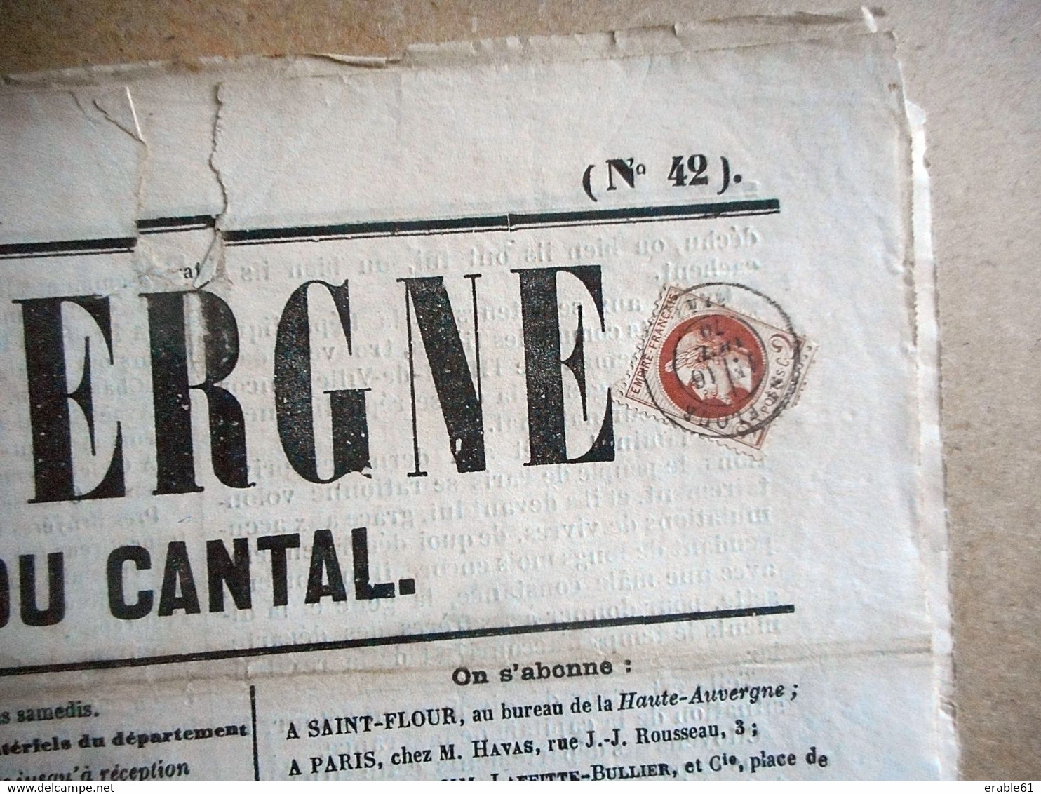 2C BRUN EMPIRE Cachet De ST FLOUR Sur Journal LA HAUTE AUVERGNE CANTAL Du 15 OCTOBRE1870 - Newspapers