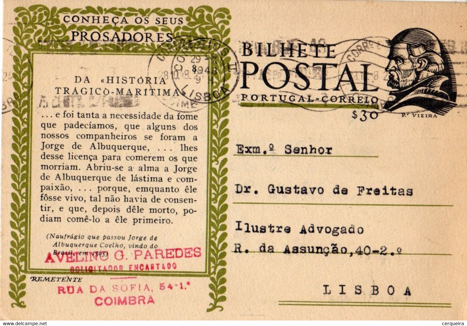 PORTUGAL - BILHETE POSTAL - INTEIRE STATIONERY -PADRE VIEIRA $30 - Postwaardestukken