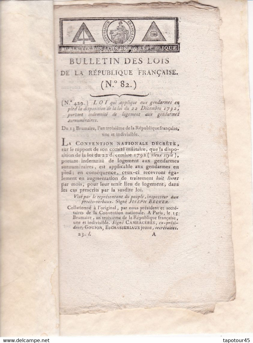 C 0 /02) 13 Brumaire An 3  Bulletin Des Lois De La République Française  Voir Présentation Ci-dessous - Décrets & Lois