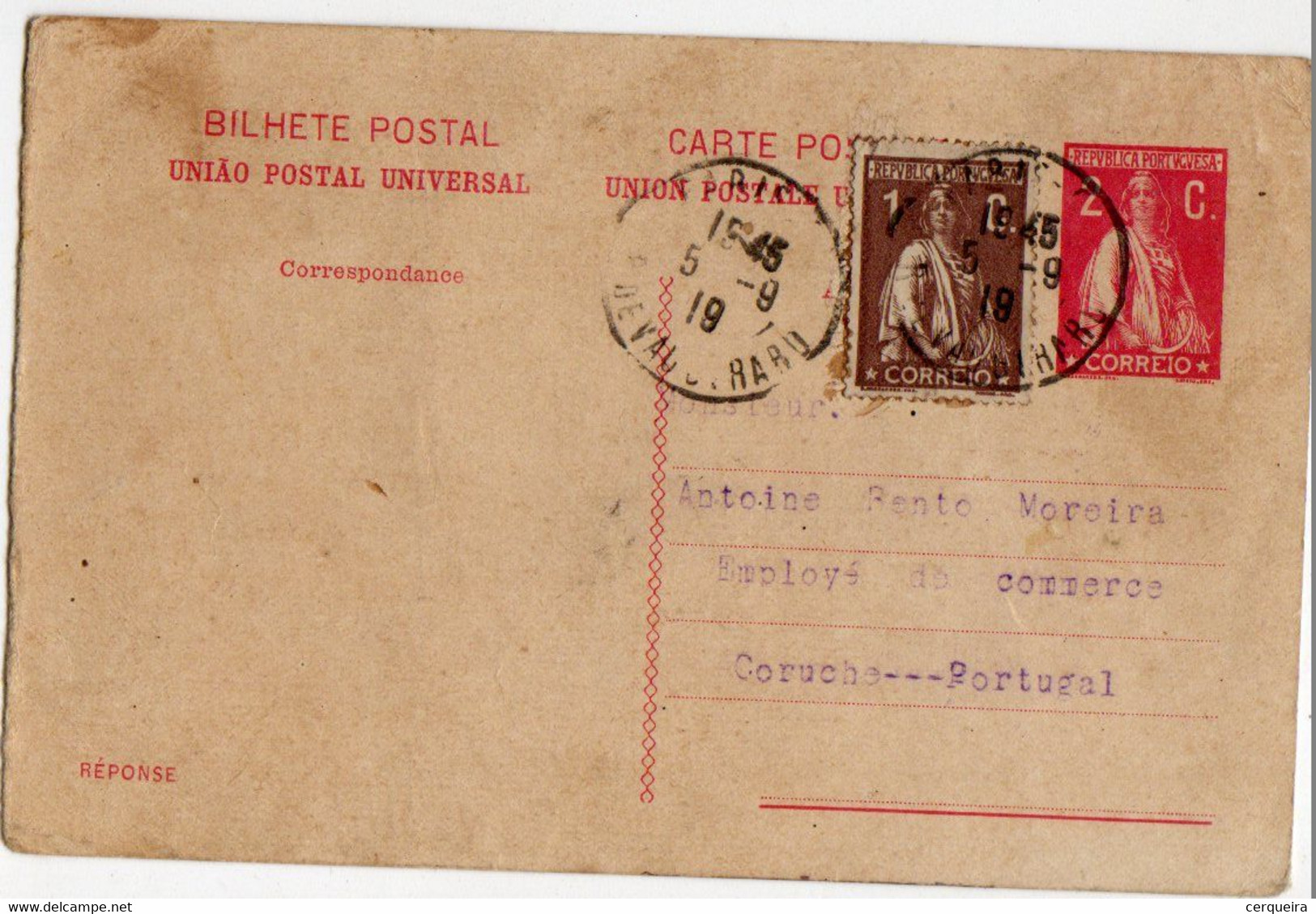 - PORTUGAL -BILHETE POSTAL - INTEIRE STATIONERY-CERES  2c + 1c- PARIS -CORUCHE -RARE - Postwaardestukken