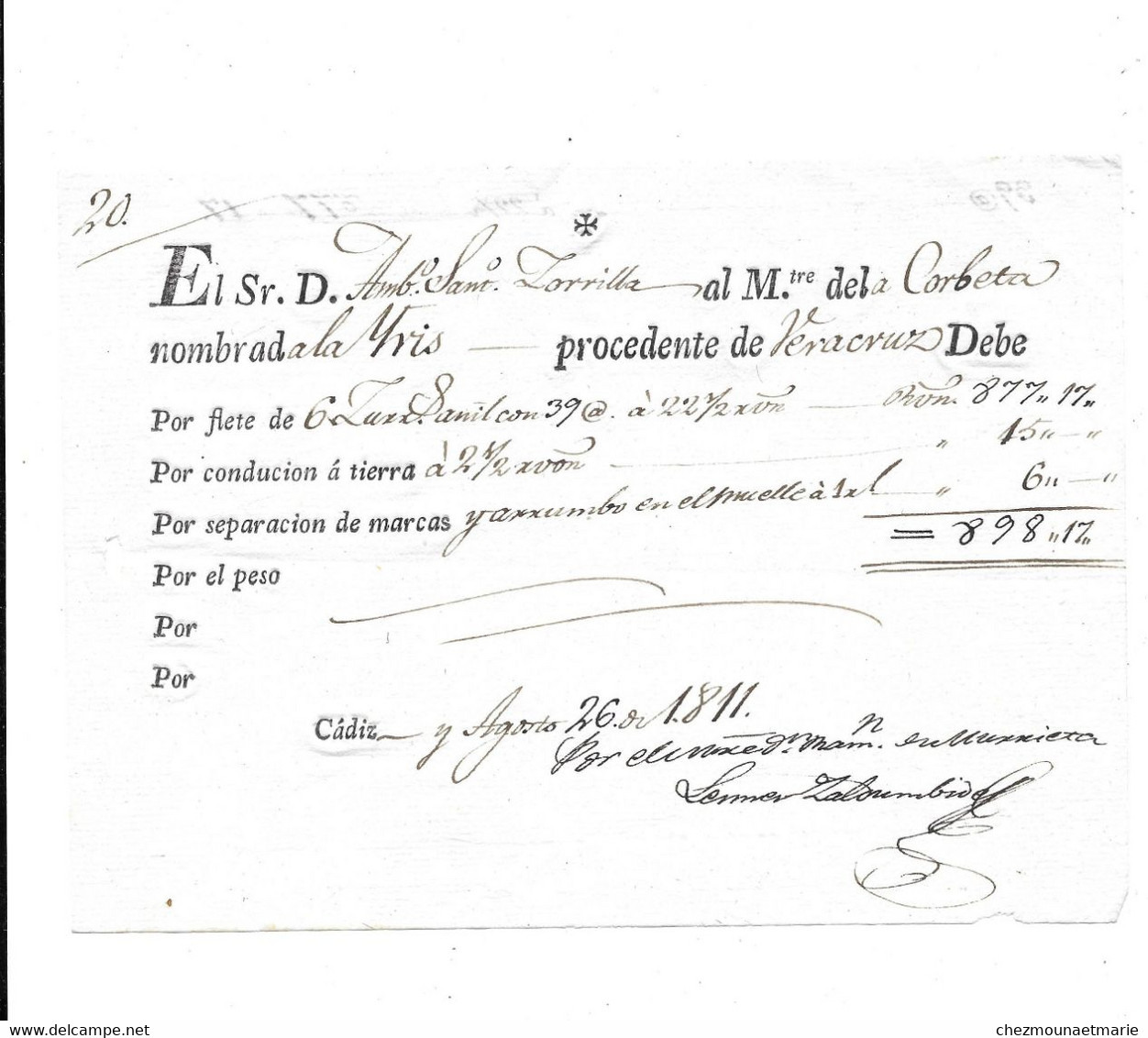 1811 CADIZ - BON DE TRANSPORT? D UNE CORVETTE VENANT DE VERACRUZ - CAPITAINE DE NAVIRE LORRILLA - Documents Historiques