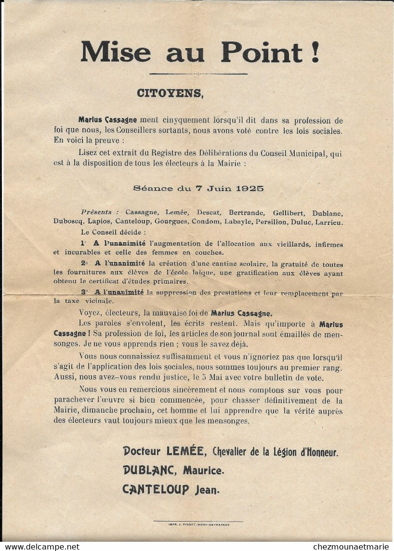 1925 SABRES - AFFICHETTE TRACT MAIRE MARIUS CASSAGNE - SIGNE DOCTEUR LEMEE DUBLANC CANTELOUP - Documents Historiques