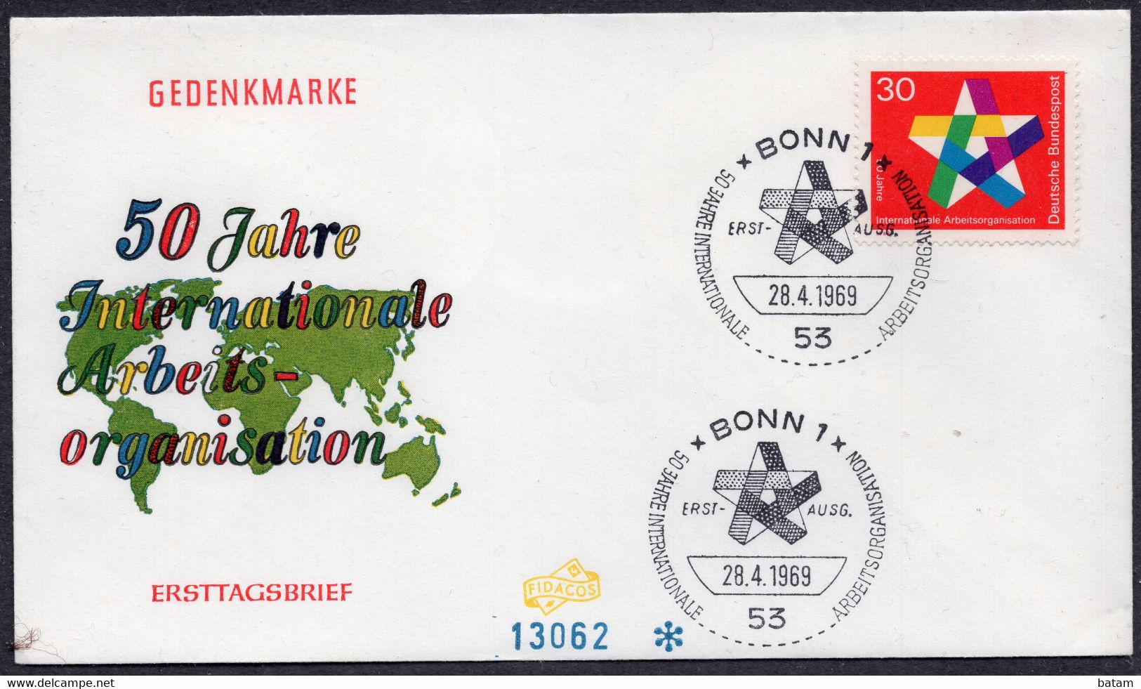 058 Germany 1969 -  The 50th Anniversary Of The ILO - FDC - Brieven En Documenten