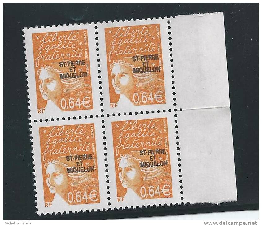 Saint Pierre Et Miquelon - YT N° 767 ** - Variété - Sans Phosphore En Bloc De 4 - Blocks & Sheetlets