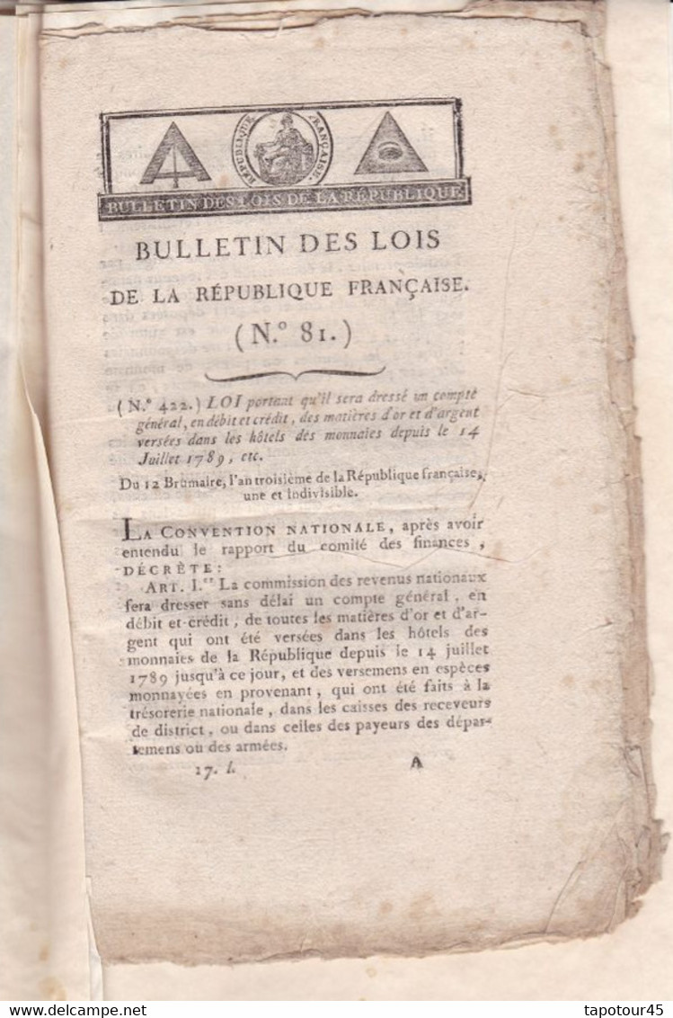 C 0 /03) 12 Brumaire An 3  Bulletin Des Lois De La République Française  Voir Présentation Ci-dessous - Décrets & Lois