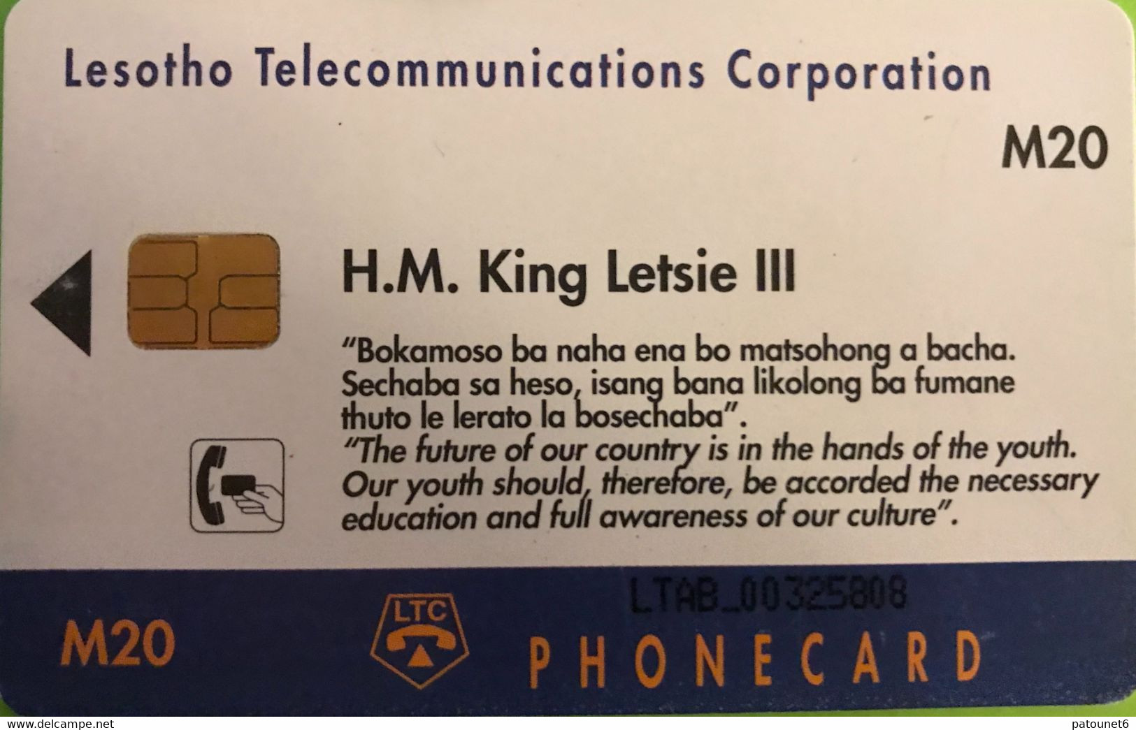 LESOTHO  -   Phonecard  -  H.M. King Letsie III  -  M 20 - Lesoto