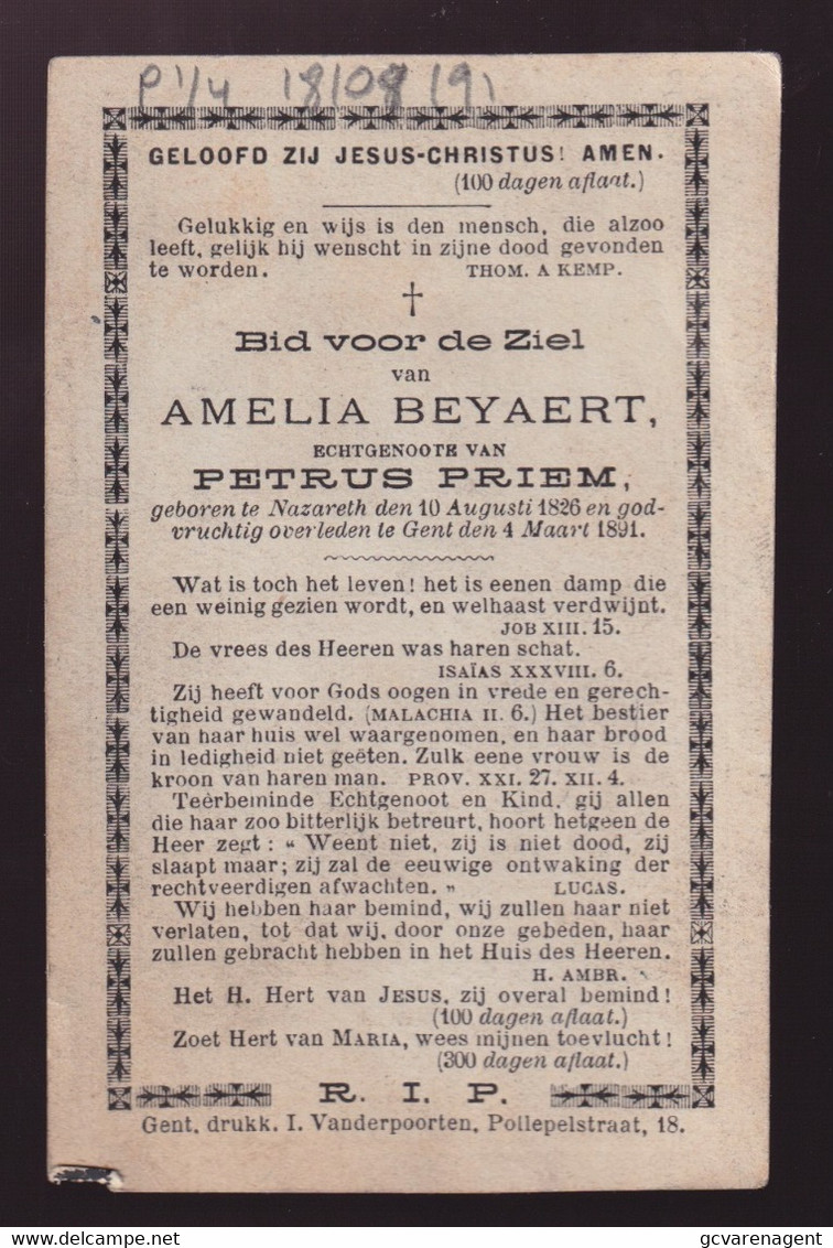 AMELIA BEYAERT   NAZARETH 1826      GENT  1891 - Overlijden