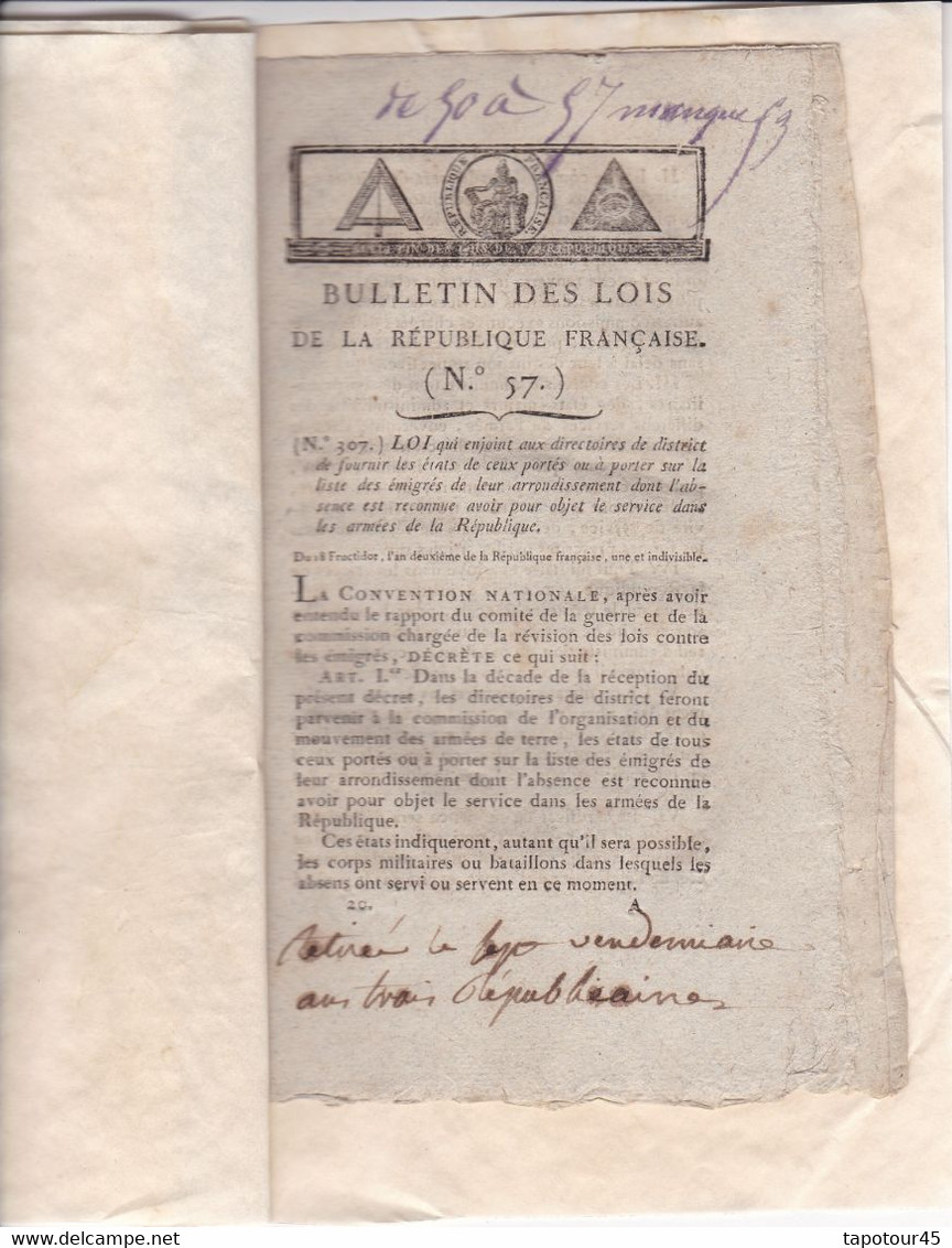 C 0 /06) 18 Fructidor An 2  Bulletin Des Lois De La République Française  Voir Présentation Ci-dessous - Décrets & Lois