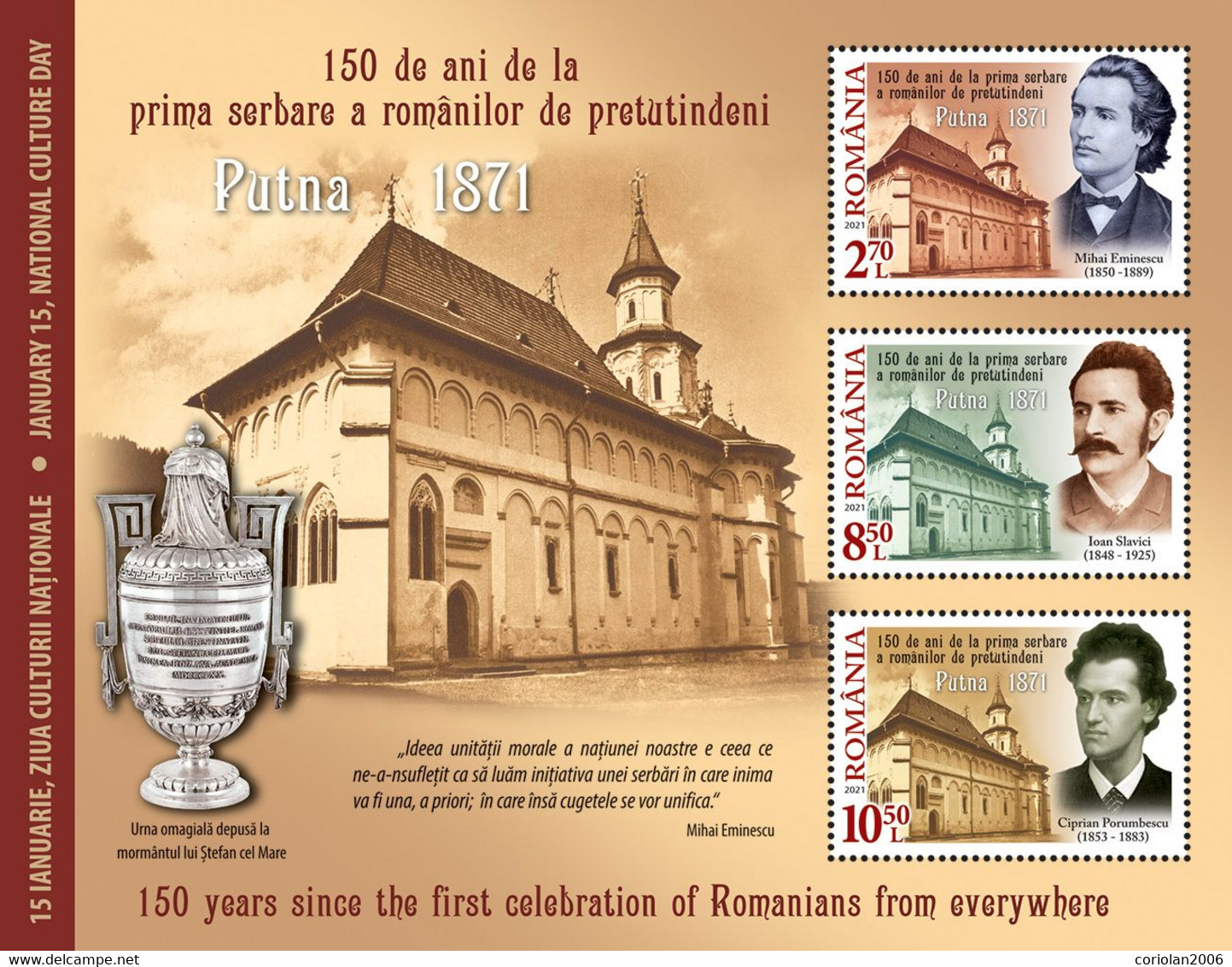 Romania 2021 /National Culture Day - Eminescu Slavici, Porumbescu, Putna / Block - Unused Stamps