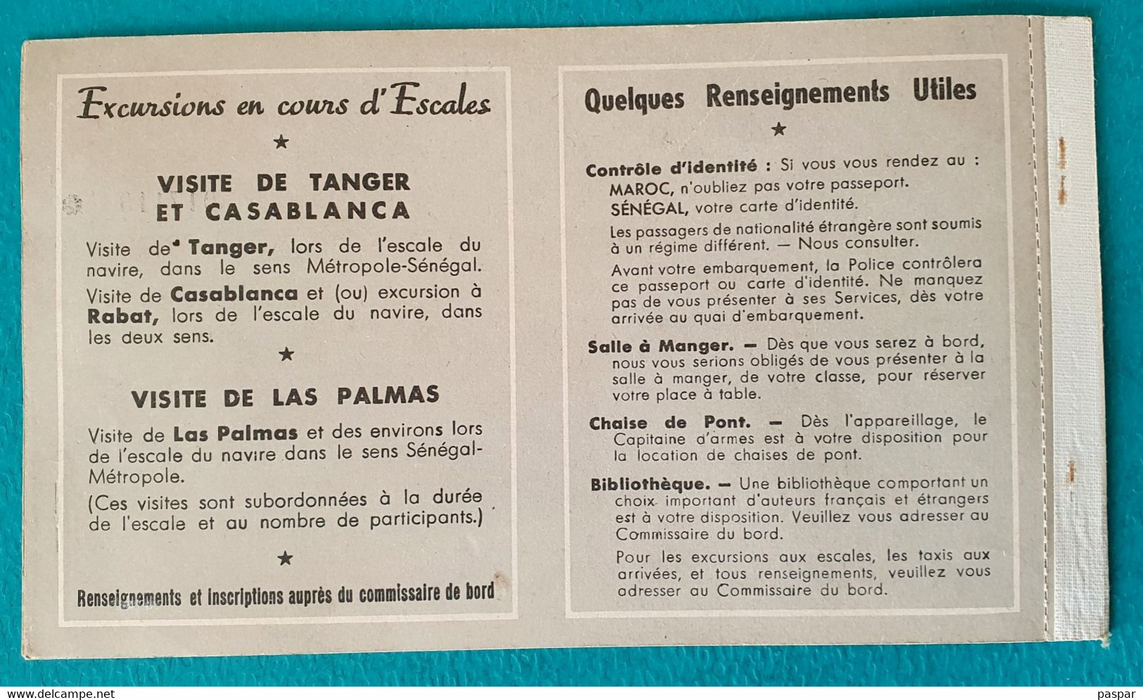 COMPAGNIE DE NAVIGATION PAQUET - BILLET DE PASSAGE ALLER SIMPLE DAKAR MARSEILLE 1ere CLASSE SENEGAL - 1956 - Mondo