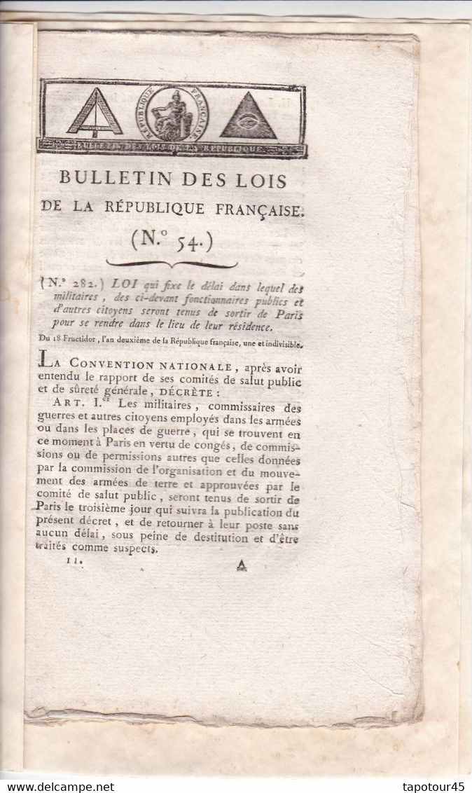 C 0 /09) 18 Fructidor An 2  Bulletin Des Lois De La République Française  Voir Présentation Ci-dessous - Décrets & Lois