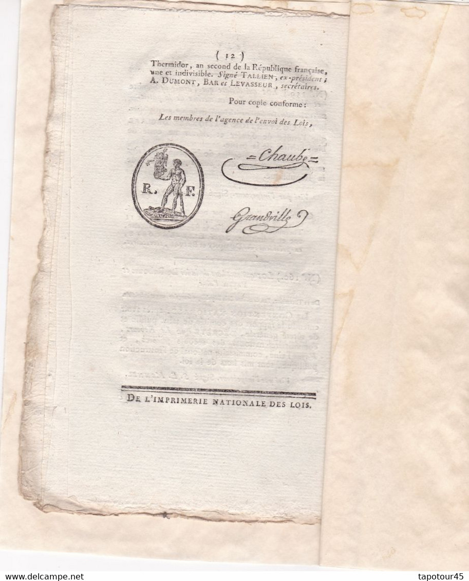 C 0 /12) 06 Thermidor An 2  Bulletin Des Lois De La République Française  Voir Présentation Ci-dessous - Décrets & Lois