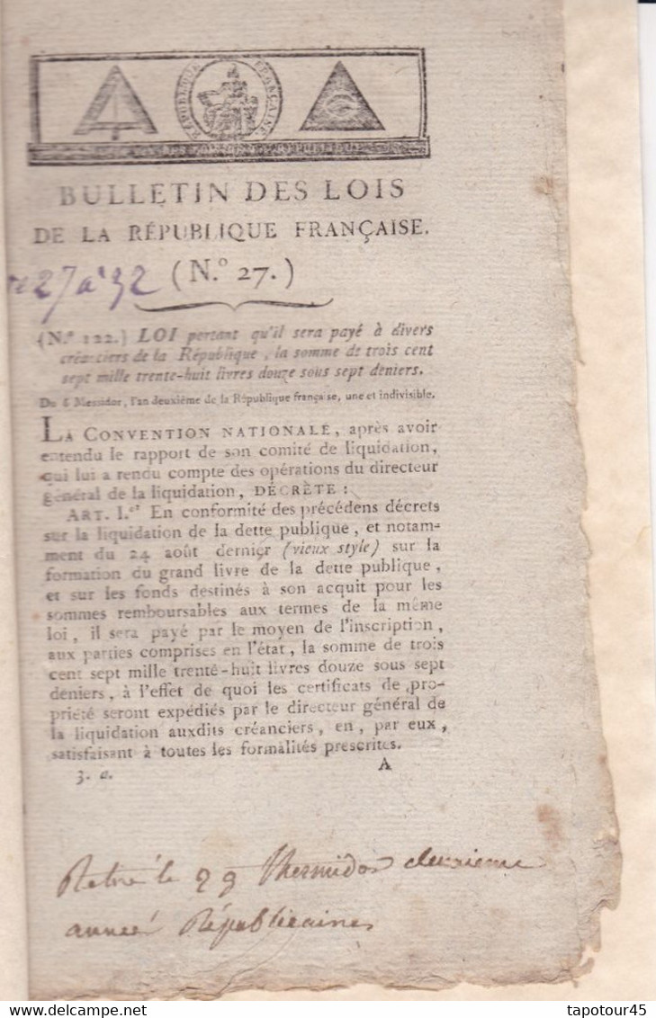 C 0 /13) 06 Messidor An 2  Bulletin Des Lois De La République Française  Voir Présentation Ci-dessous - Décrets & Lois