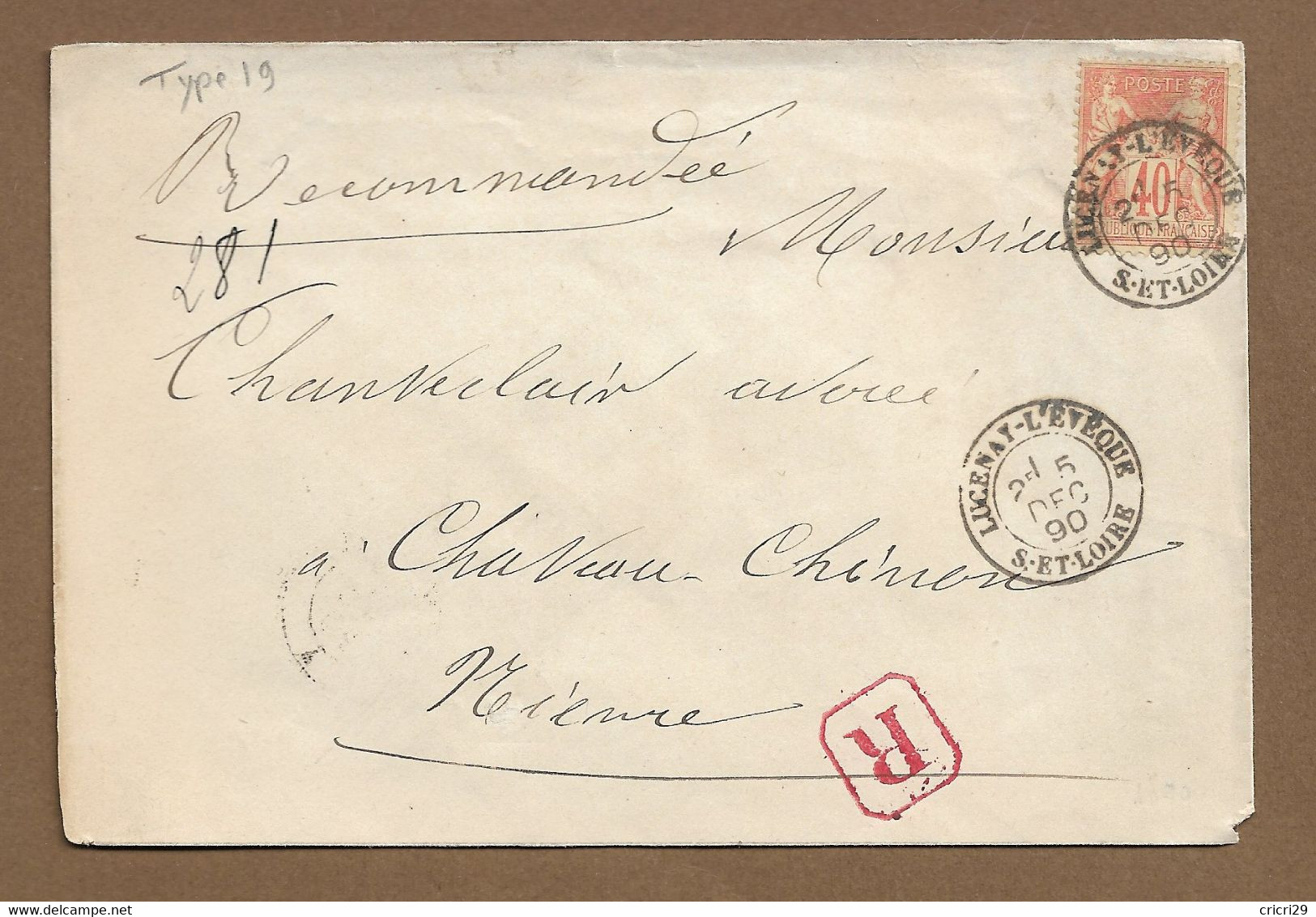 LUCENAY  L'EVEQUE  : 1890 :  Cachet à Date  Type 19,  Sur Sage 40c , Sur Lettre Recommandée  :  ( Saône Et Loire ) : - 1877-1920: Semi-Moderne