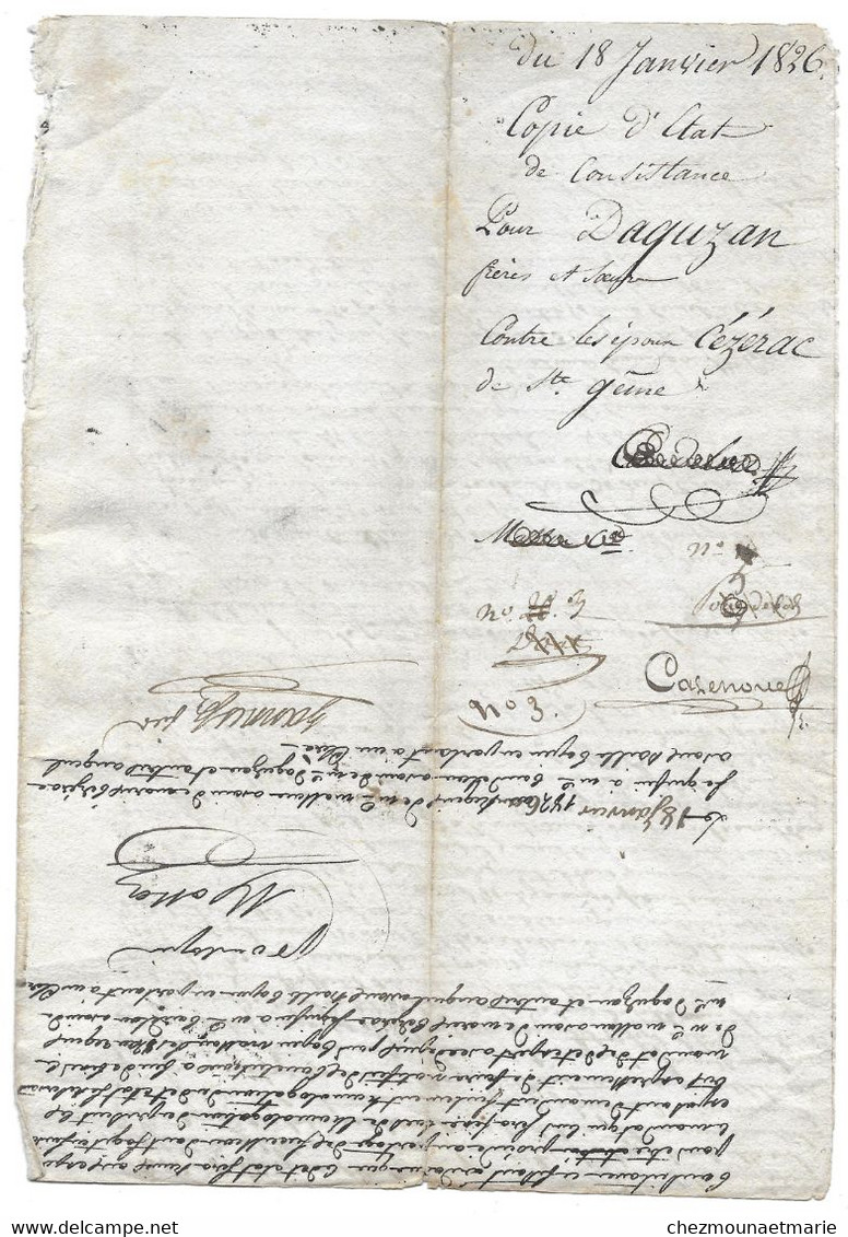 1826 GERS - COPIE ETAT DE CONSISTANCE DAGUZAN CONTRE CEZERAC DE SAINTE GEMME - DOCUMENT PAPIER - Documents Historiques