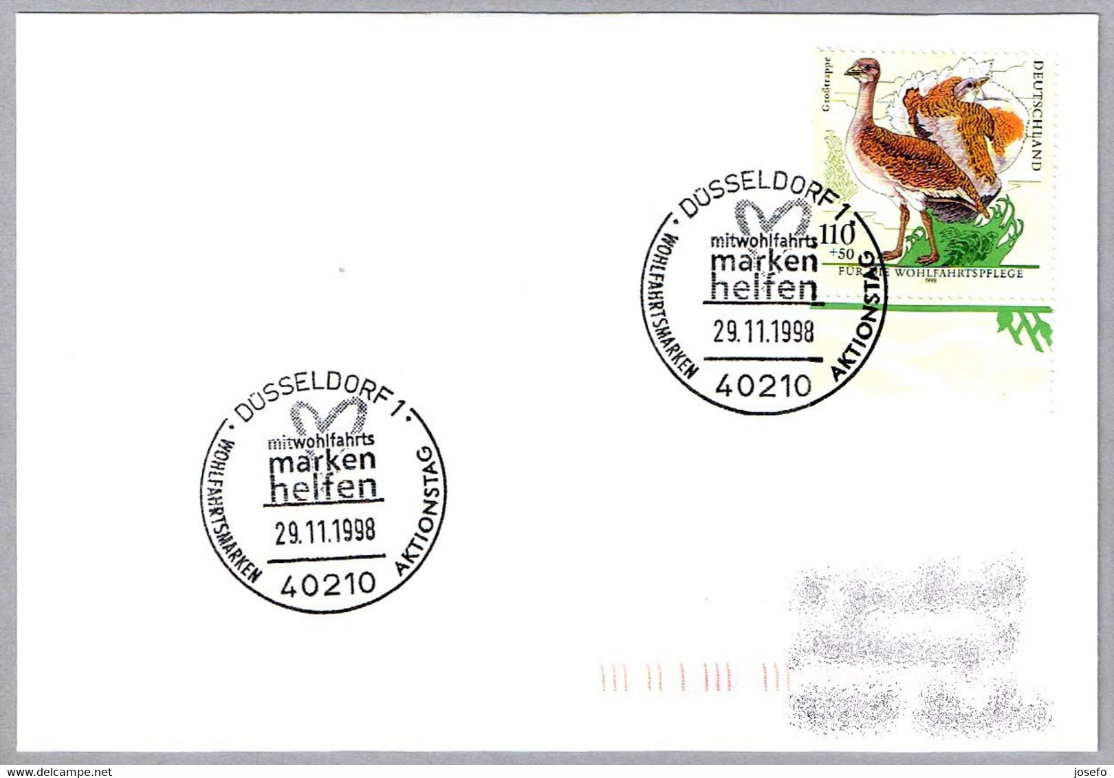 Für Die Wohlfahrtspflege - AVUTARDA - OTIS TARDA - GREAT BUSTARD - GROSSTRAPPE. Dusseldorf 1998 - Mechanical Postmarks (Advertisement)