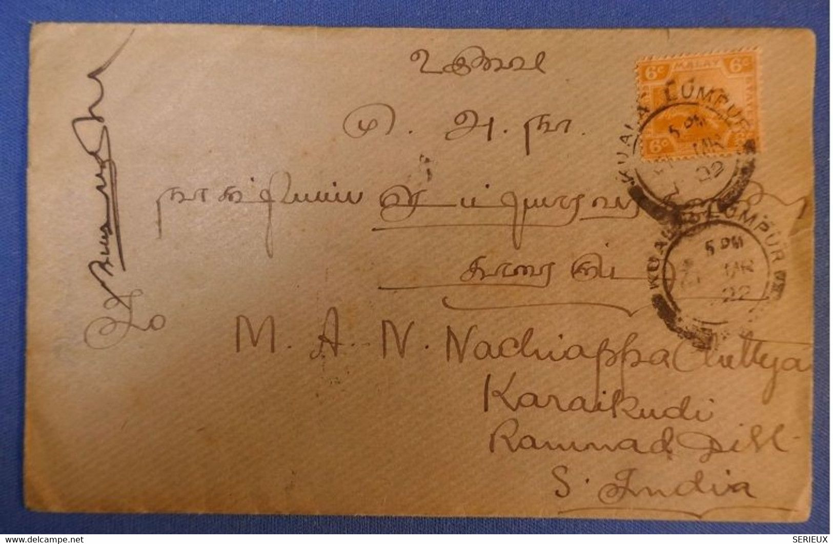 512 MALAISIE LETTRE MALAYA 1922 KUALA LUMPUR POUR L INDE + CACHETS A VOIR - Malayan Postal Union