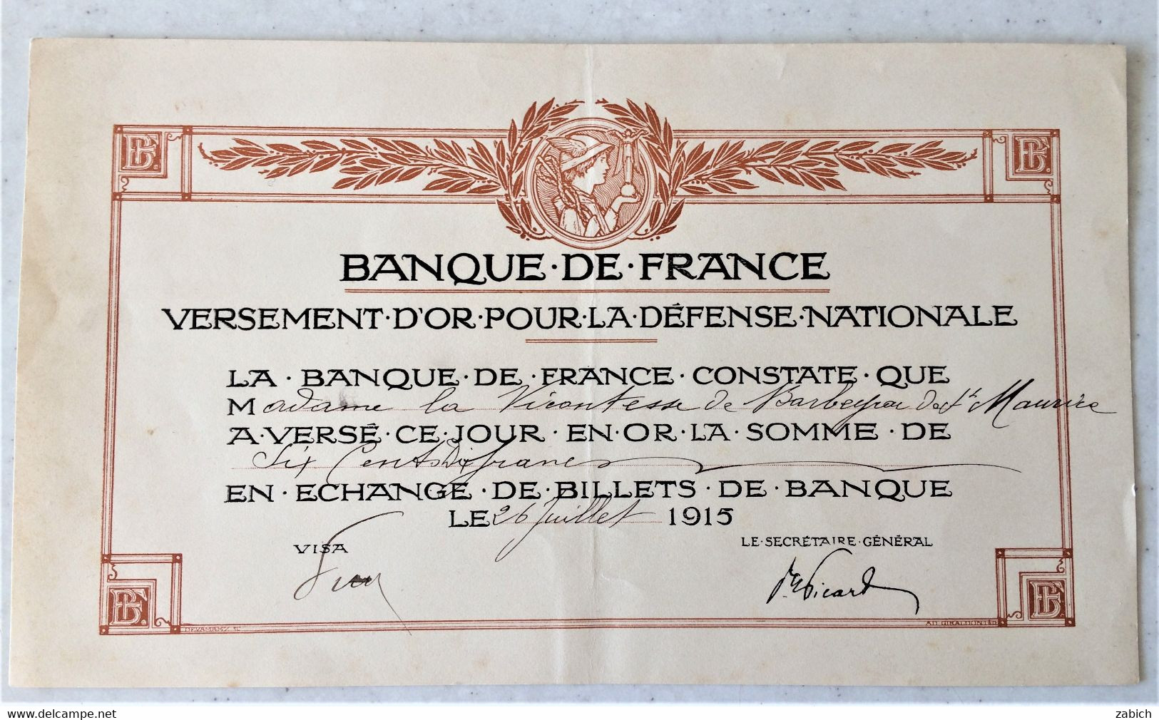 FRANCE  BANQUE DE FRANCE VERSEMENT D'OR POUR LA DEFENSE NATIONALE 1915 - Ohne Zuordnung