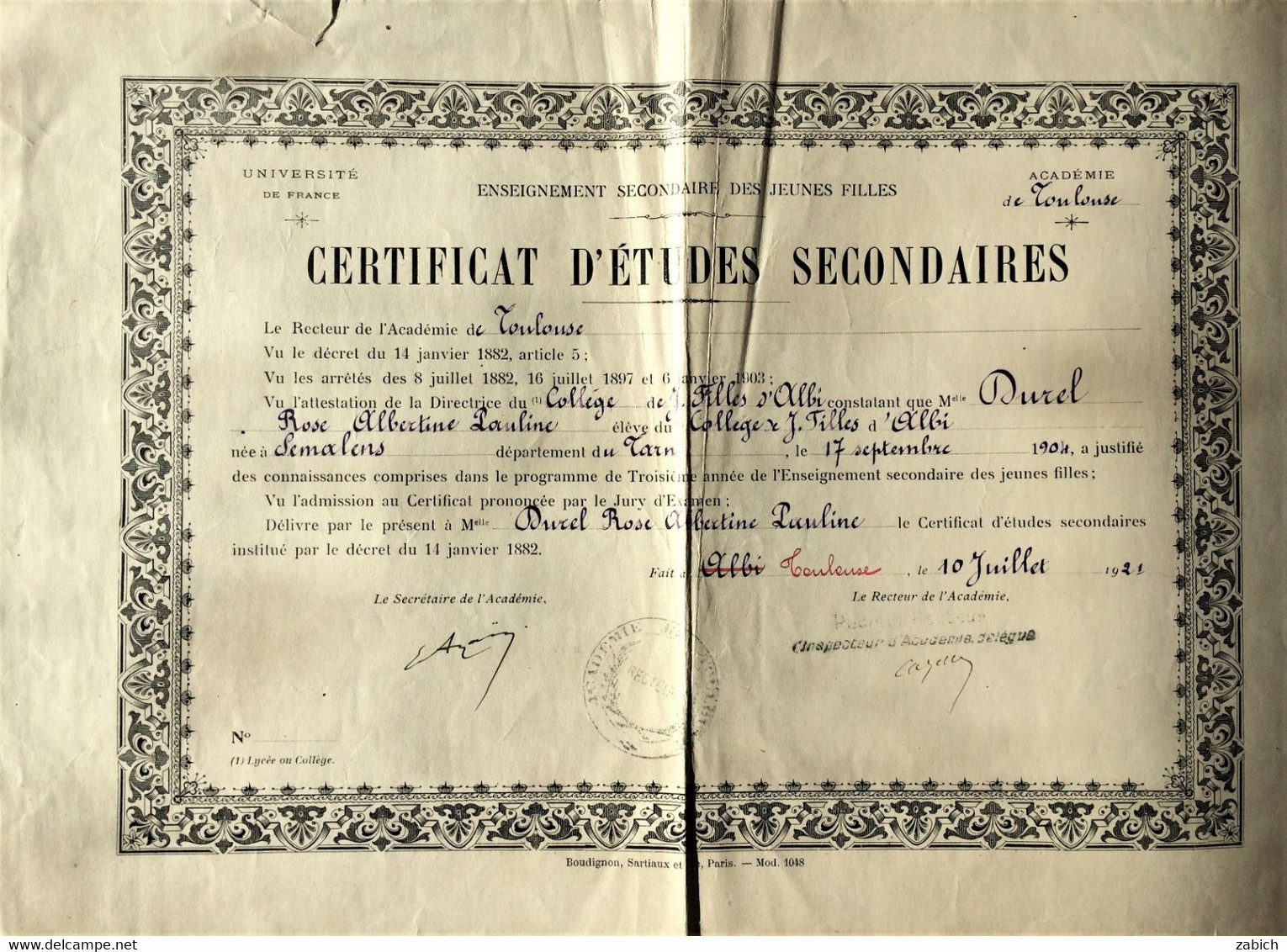 FRANCE CERTIFICAT D4ETUDES SECONDAIRES TOULOUSE 1921 - Diploma's En Schoolrapporten