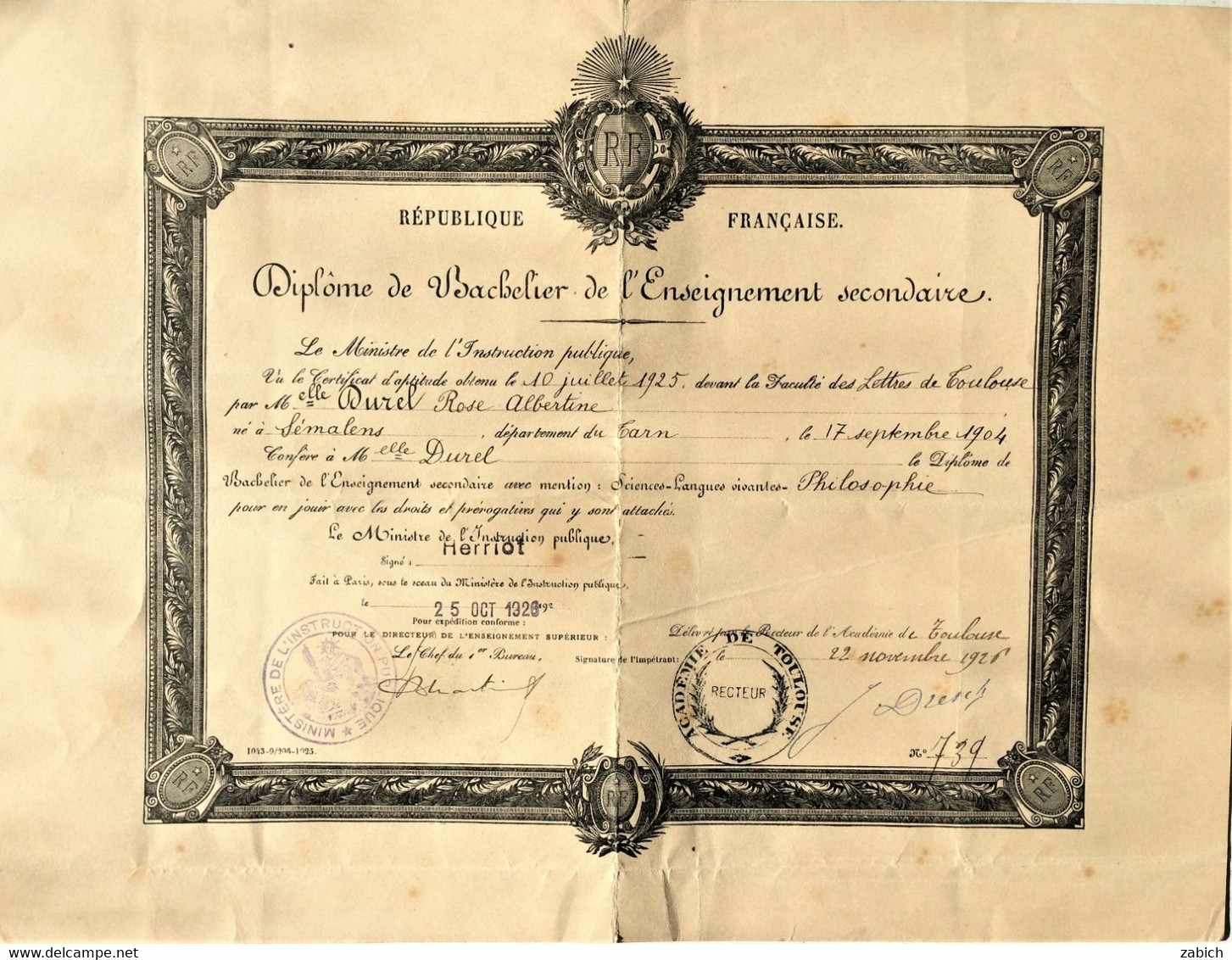 FRANCE DIPLOME DE BACHELIER  TOULOUSE 1926 MINISTRE EDOUARD HERRIOT - Diplomi E Pagelle