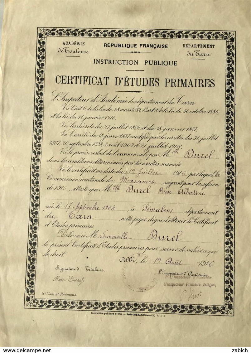 FRANCE CERTIFICAT D4ETUDES PRIMAIRES ALBI 1916 - Diploma & School Reports