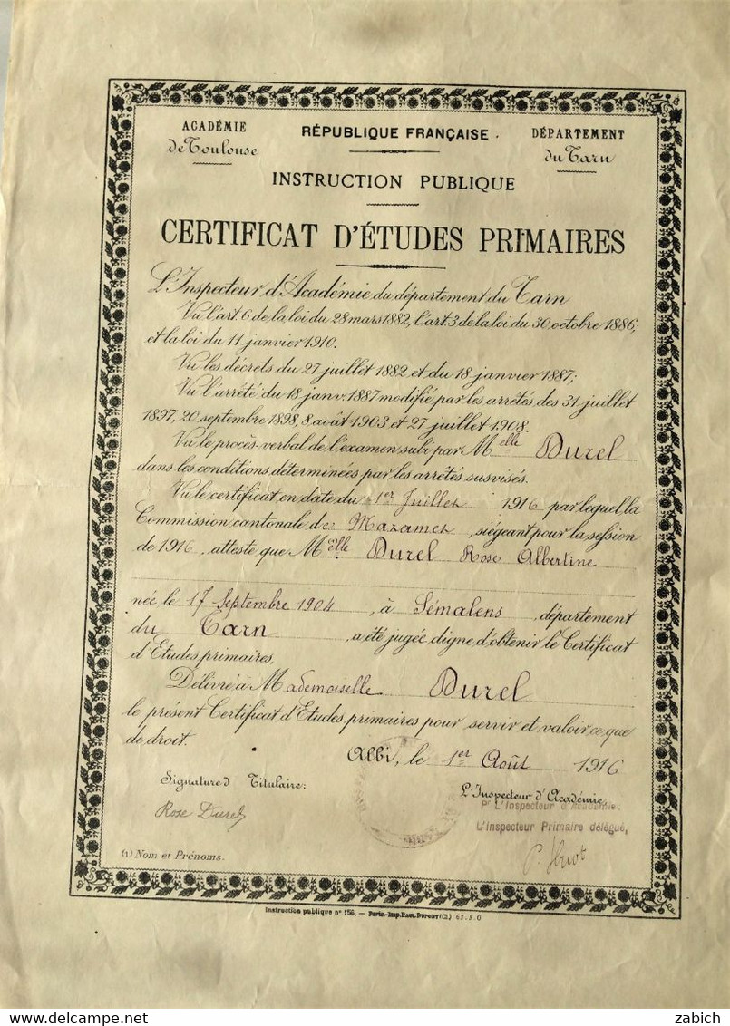 FRANCE CERTIFICAT D4ETUDES PRIMAIRES ALBI 1916 - Diplomas Y Calificaciones Escolares