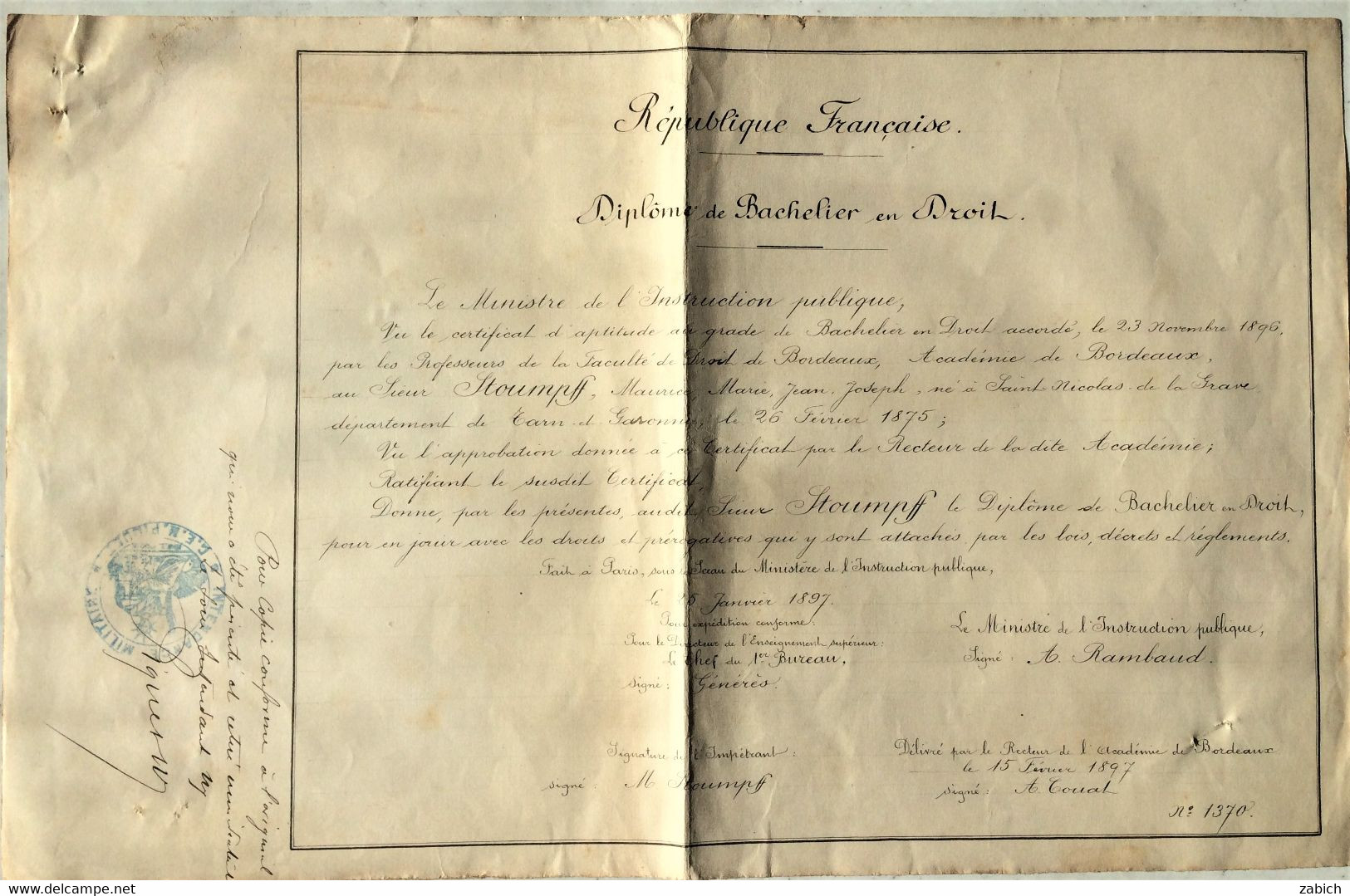 FRANCE DIPLOME DE BACHELIER EN DROIT BORDEAUX 1897 - Diplômes & Bulletins Scolaires