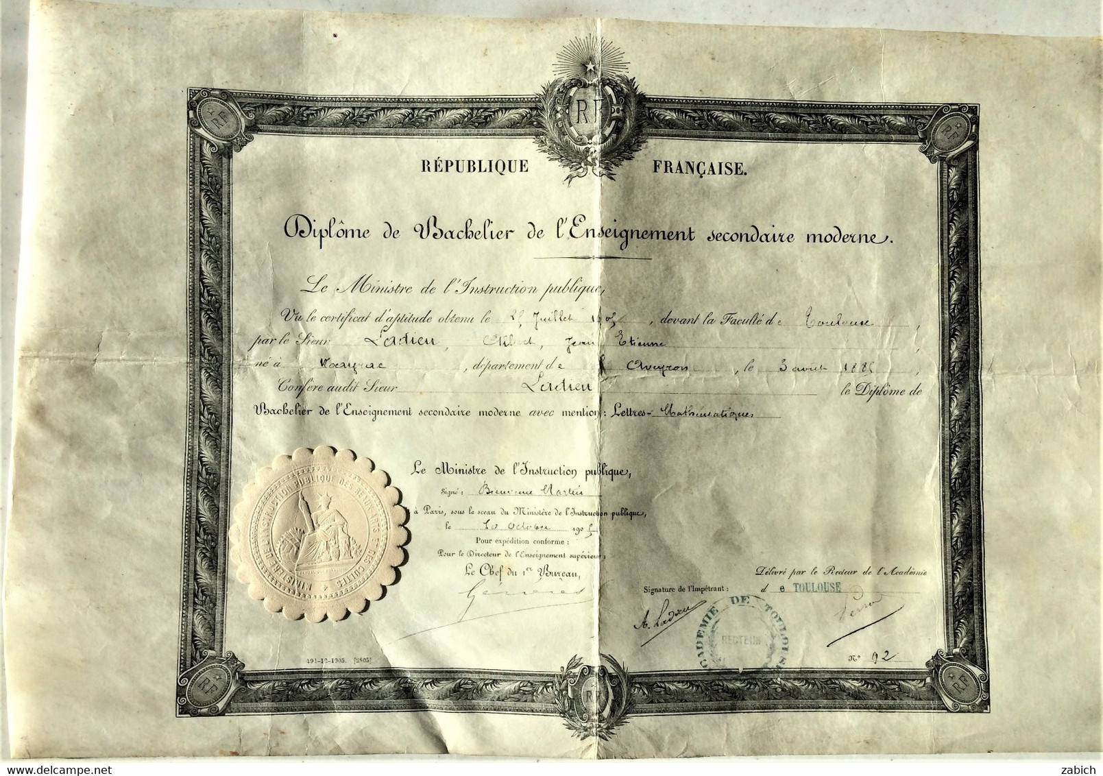 FRANCE DIPLOME DE BACHELIER ENSEIGNEMENT SECONDAIRE MODERNE TOULOUSE 1885 SUR PAPIER VELIN - Diplomi E Pagelle