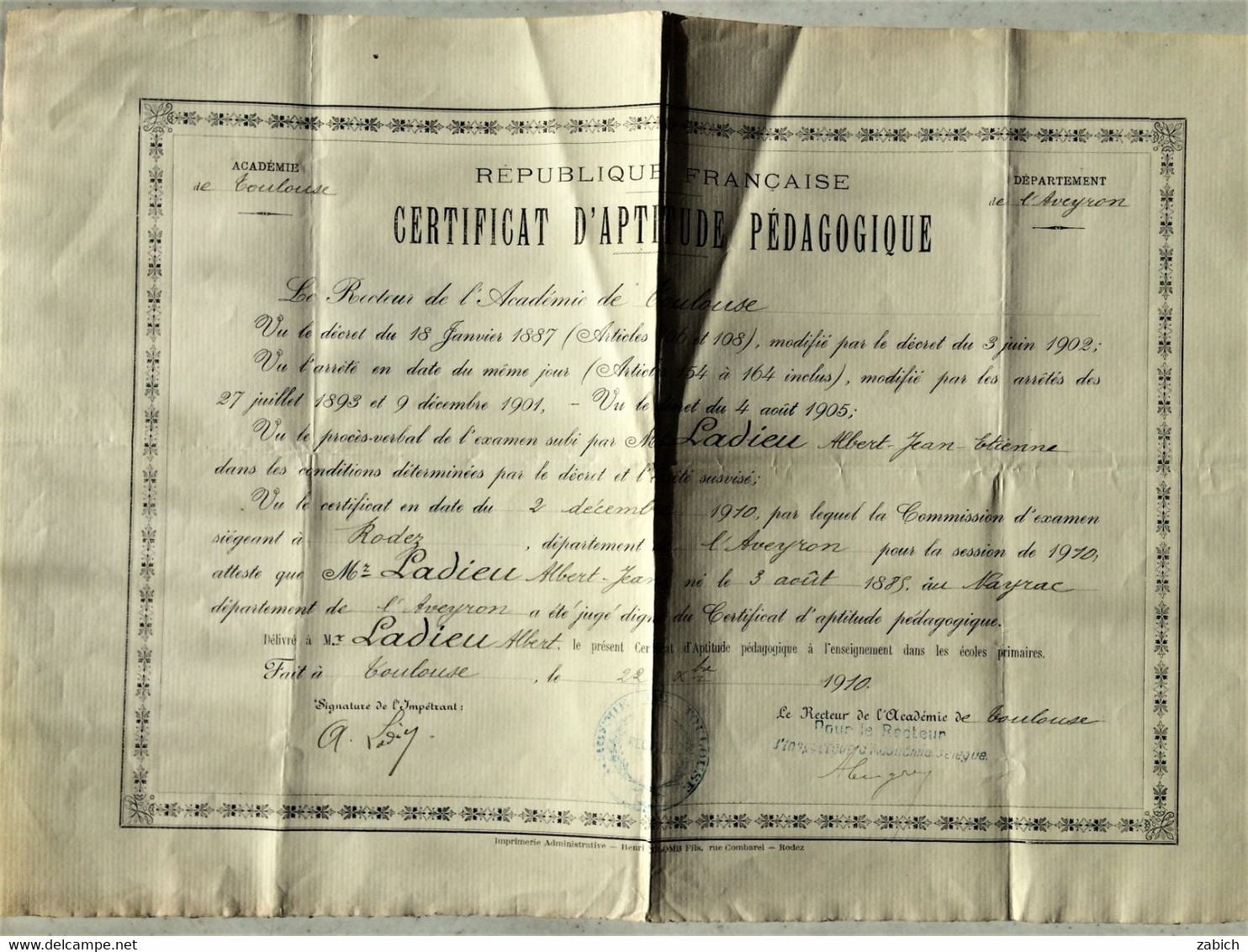 FRANCE CERTIFICAT D'APTITUDE PEDAGOGIQUE TOULOUSE 1910 - Diploma & School Reports