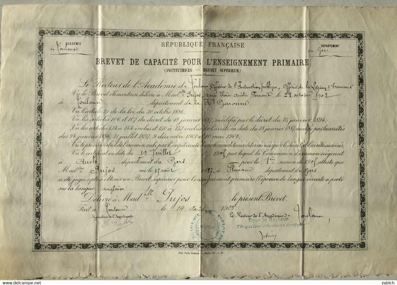 FRANCE BREVET DE CAPACITE POUR L'ENSEIGNEMENT PRIMAIRE INSTITUTRICE TOULOUSE 1905 - Diploma & School Reports