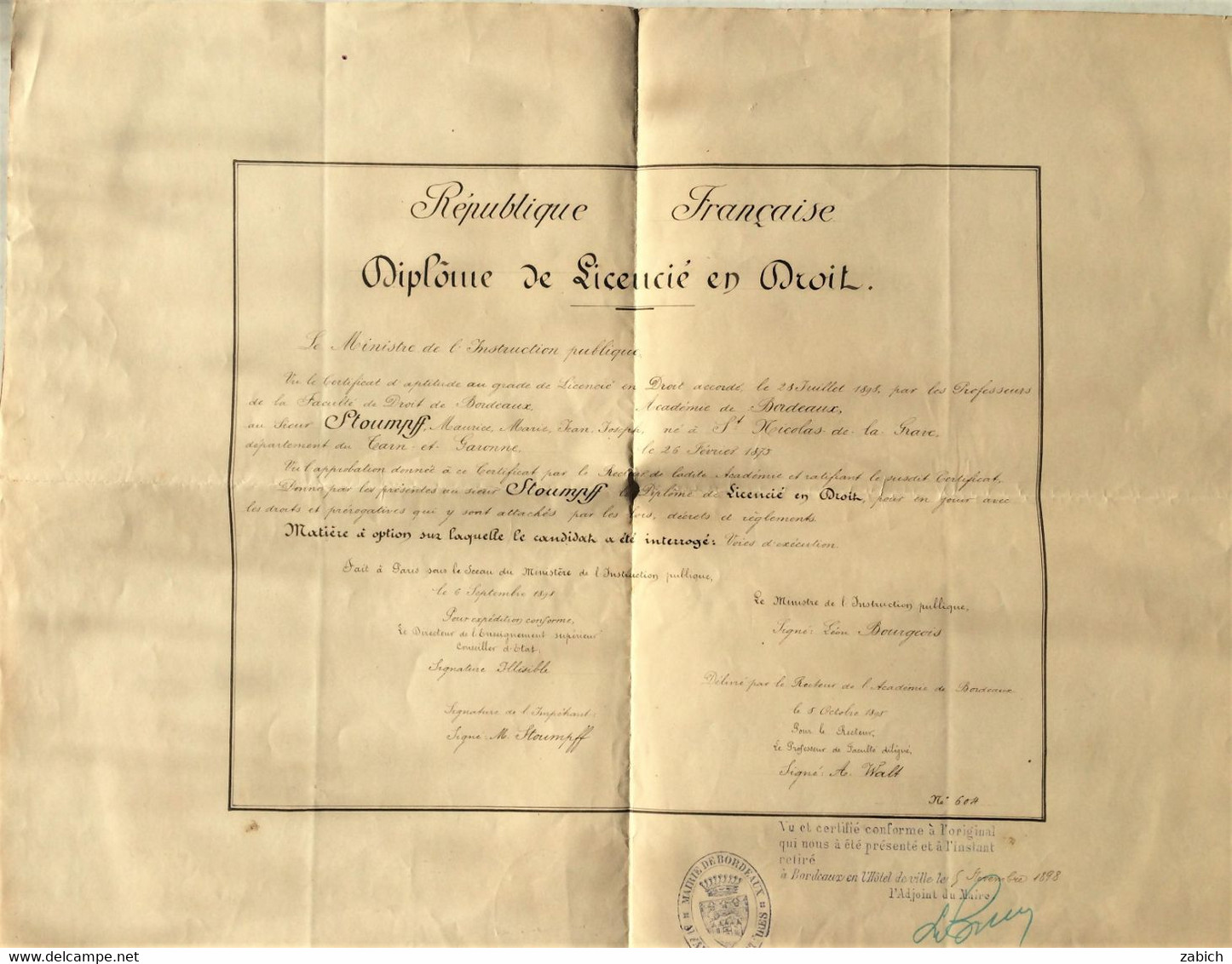 FRANCE DIPLOME DE LICENCIE EN DROIT BORDEAUX 1898 - Diplômes & Bulletins Scolaires
