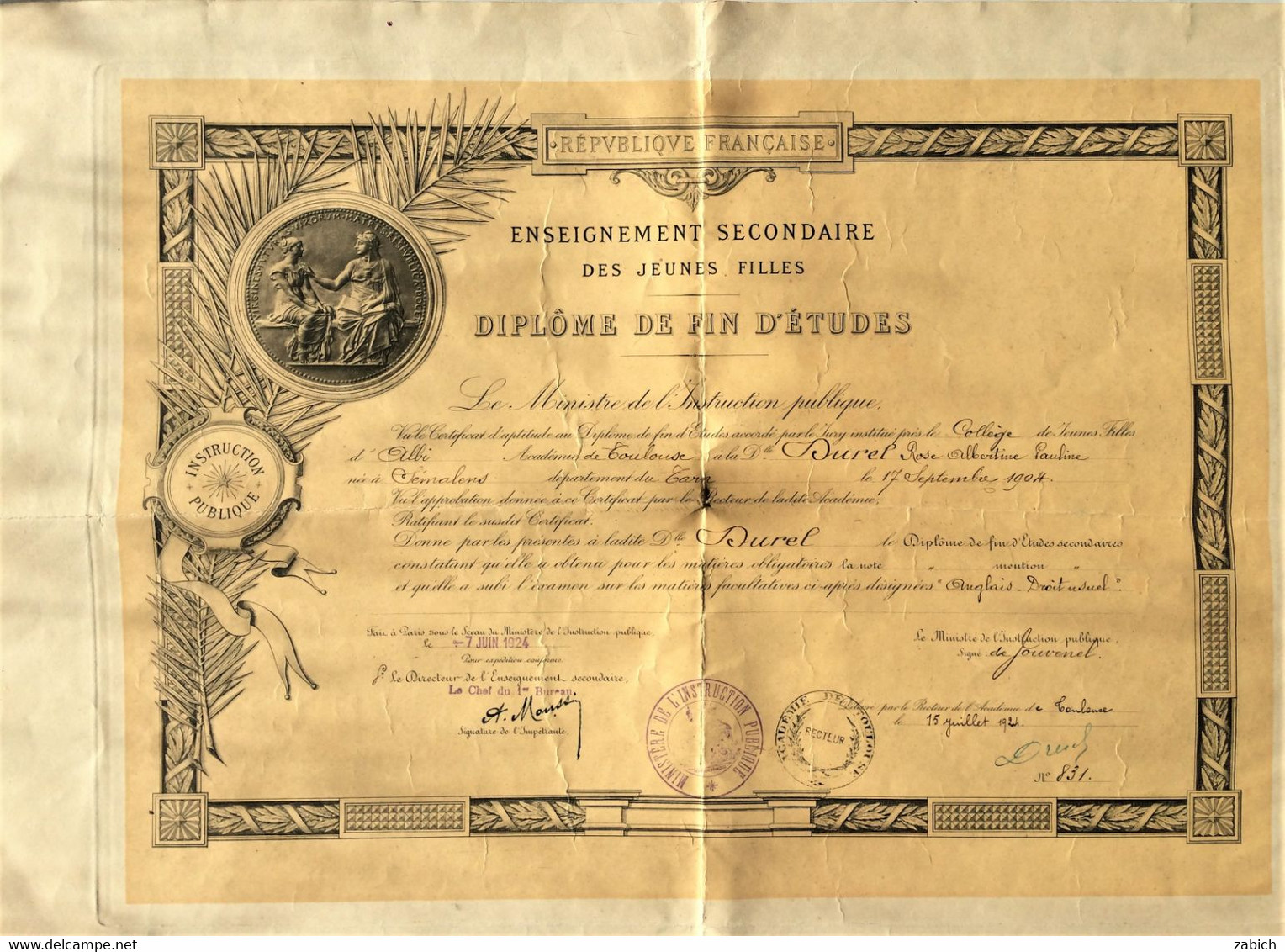 FRANCE DIPLOME DE FIN D'ETUDES ENSEIGNEMENT SECONDAIRE JEUNES FILLES ALBI 1924 - Diplomas Y Calificaciones Escolares