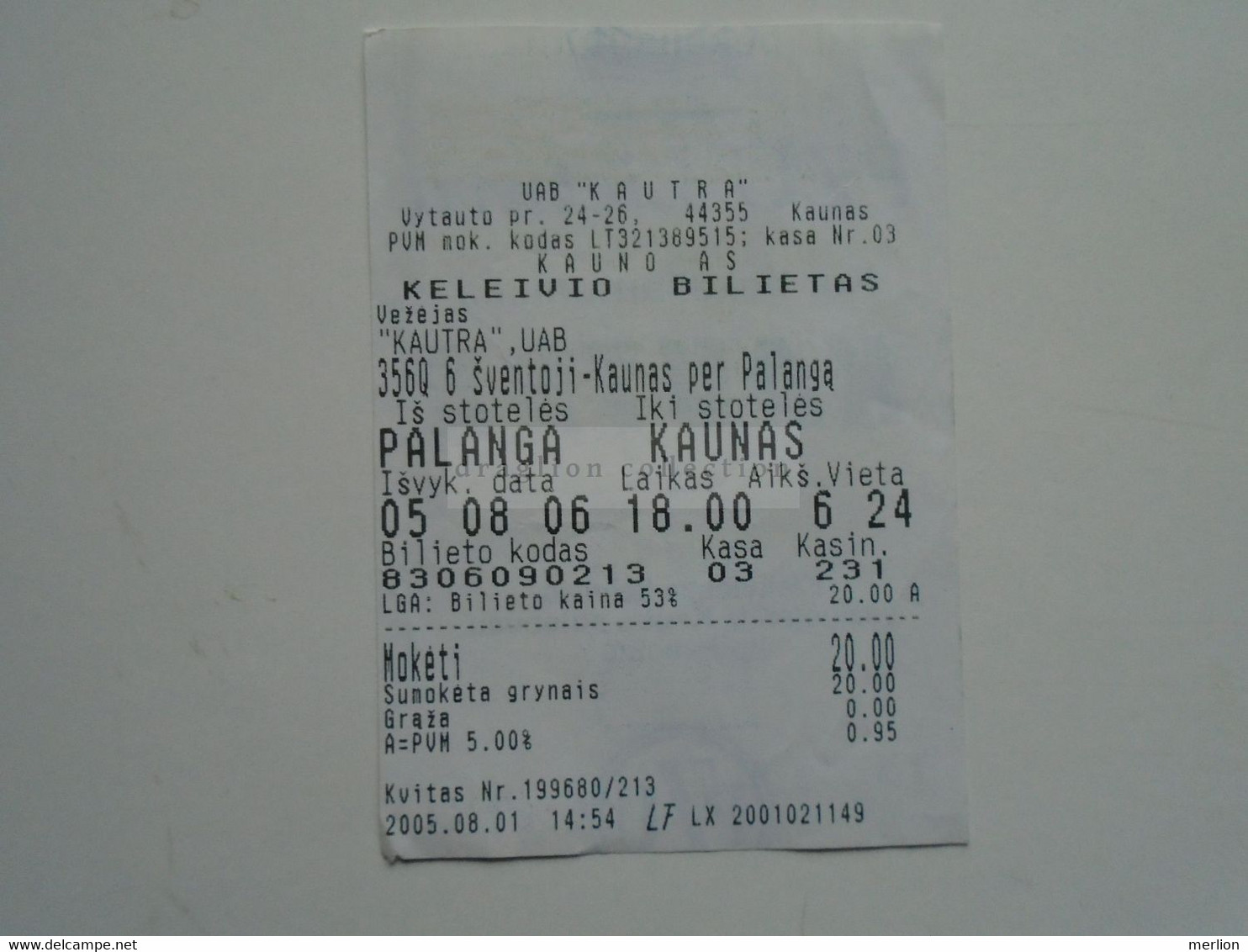 ZA339.50   Older  Bus   Ticket    -Lithuana  Palanga Kaunas  2005 - Autres & Non Classés